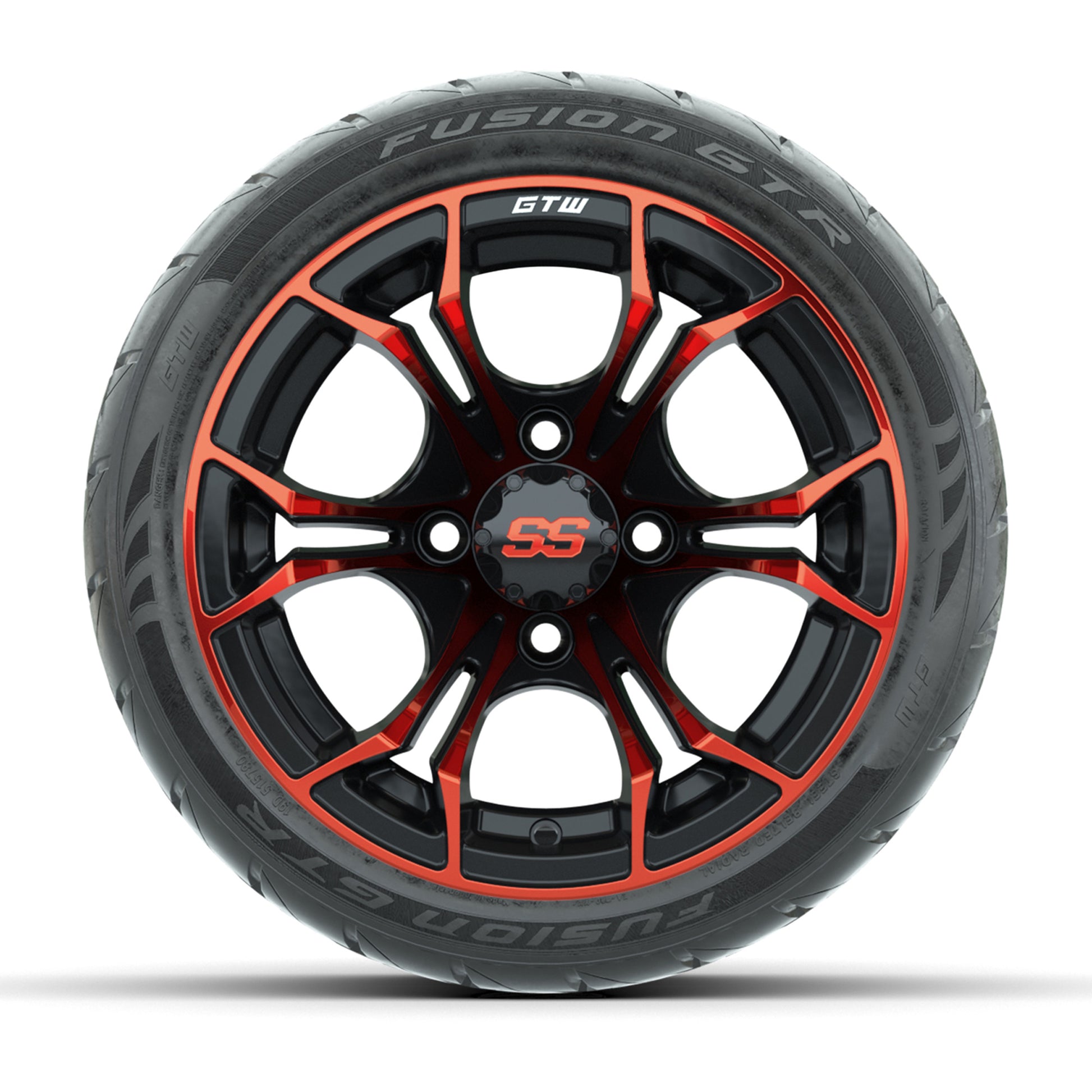 GTW® Spyder Black/Red 12 in Wheels with 215/40-R12 Fusion GTR Steel Belt Radial Street Tires – Full Set