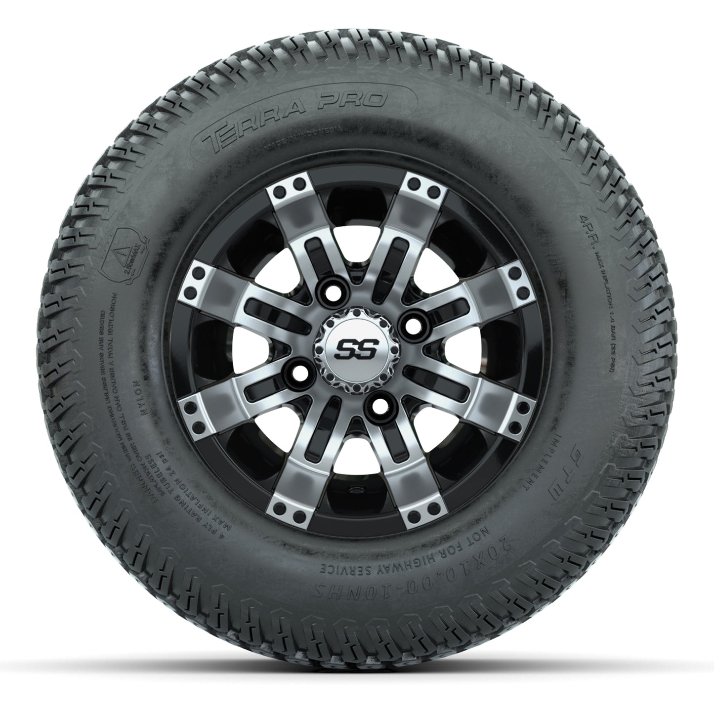 GTW Tempest Black/Machined 10 in Wheels with 20x10-10 S-Pattern Terra Pro Street Tires – Full Set