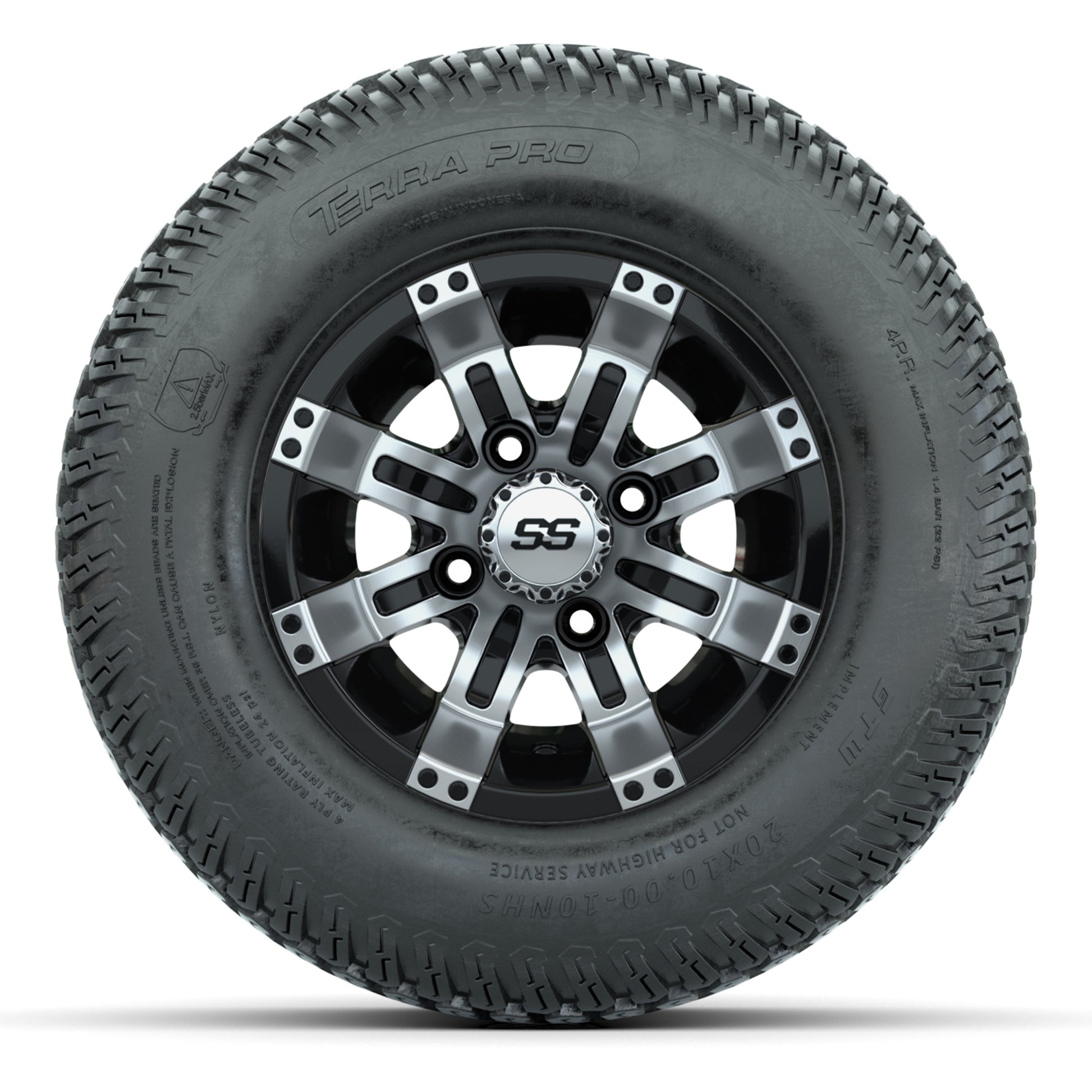 GTW Tempest Black/Machined 10 in Wheels with 20x10-10 S-Pattern Terra Pro Street Tires – Full Set