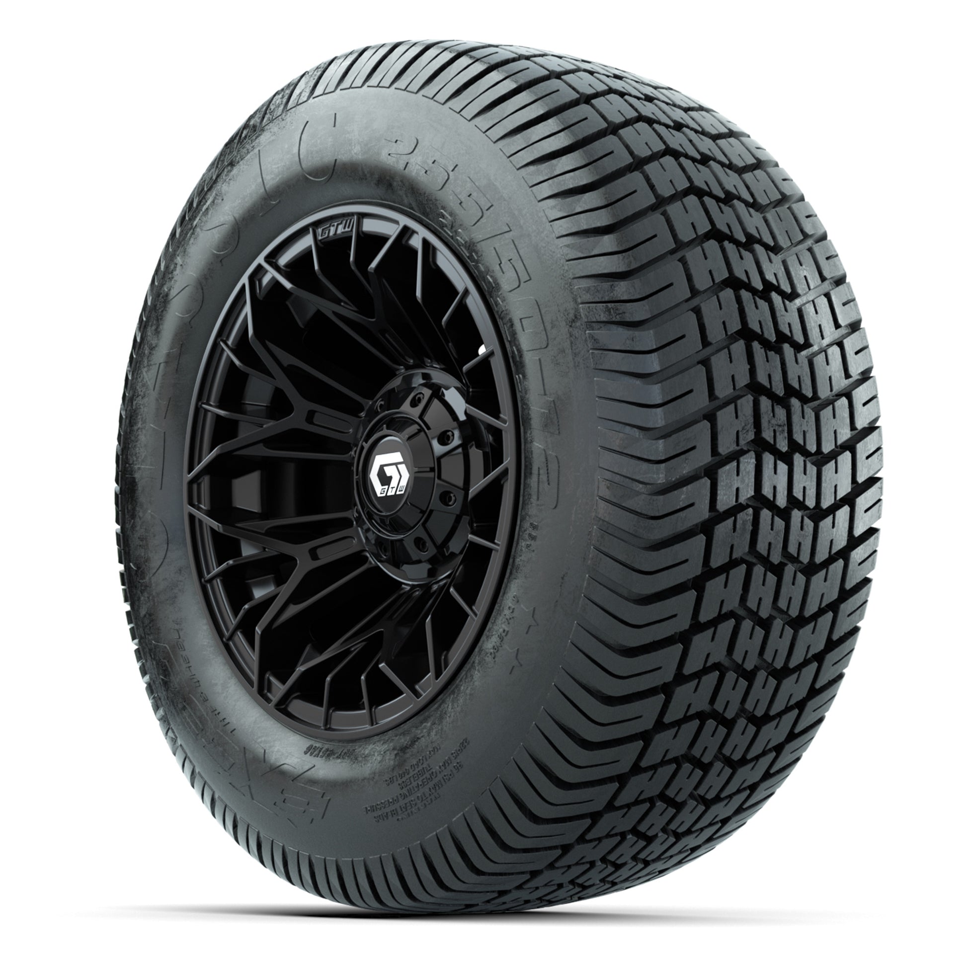 GTW® Stellar Black 12 in Wheels with 255/50-12 Excel Classic Street Tires – Full Set