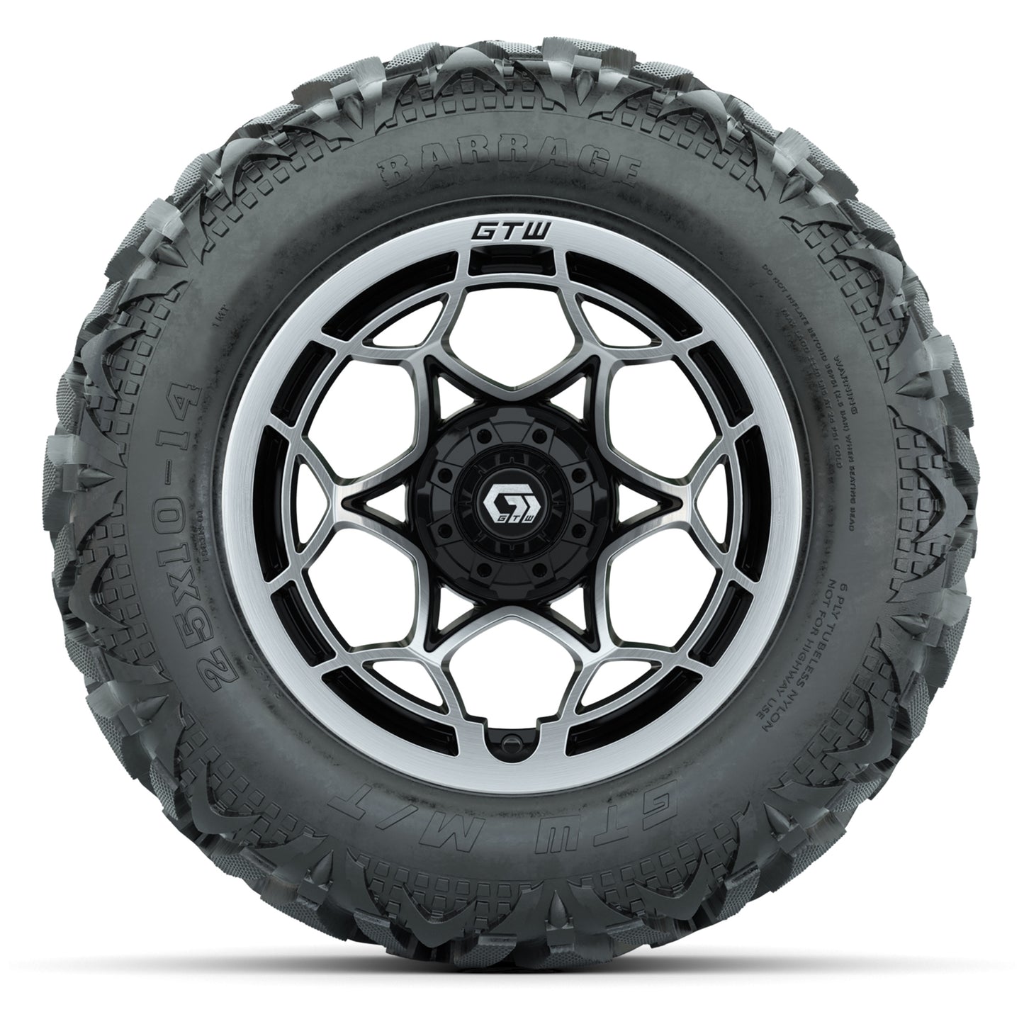 GTW Nexus Black/Silver 14 in Wheels with 25x10-14 Barrage Mud Tires – Full Set