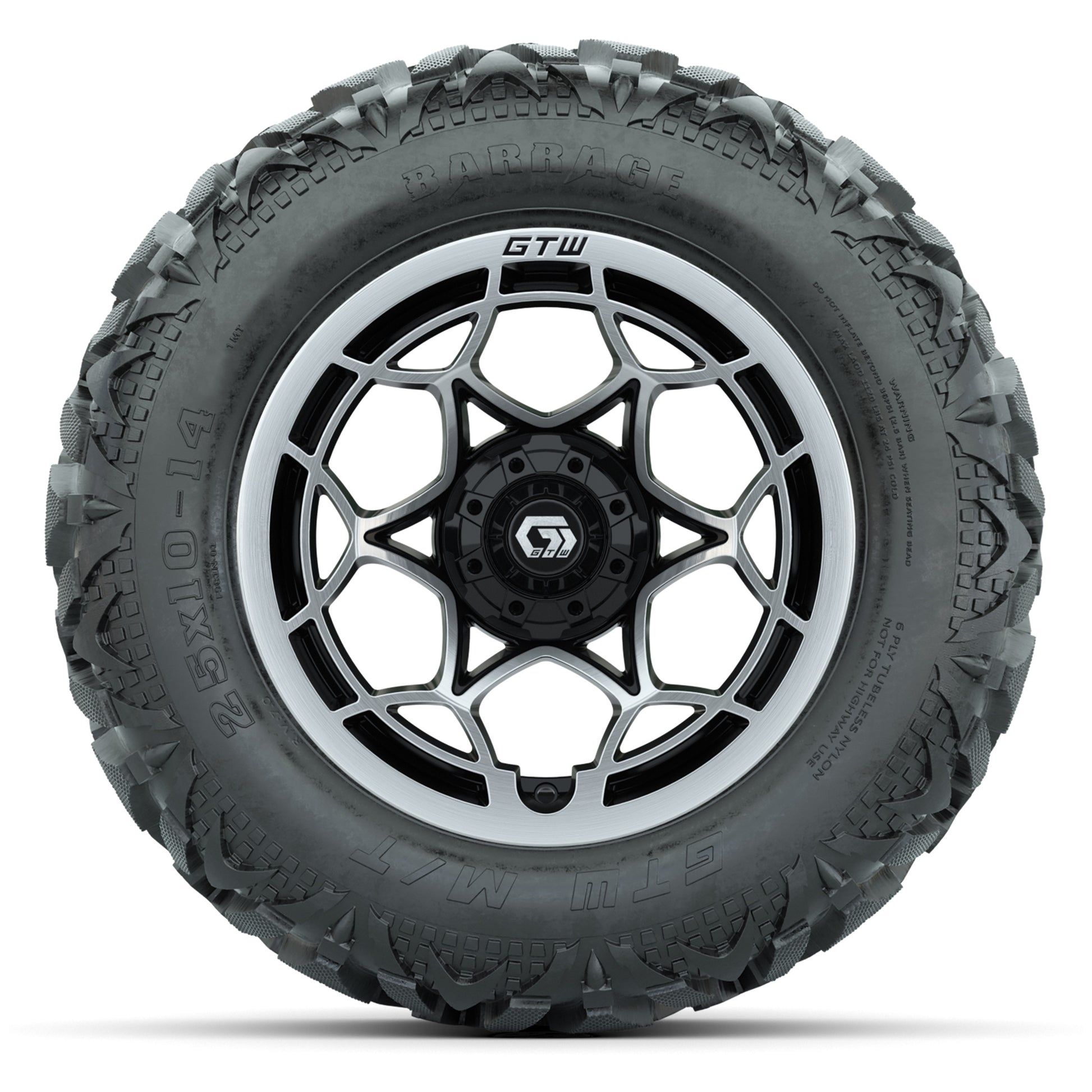GTW Nexus Black/Silver 14 in Wheels with 25x10-14 Barrage Mud Tires – Full Set