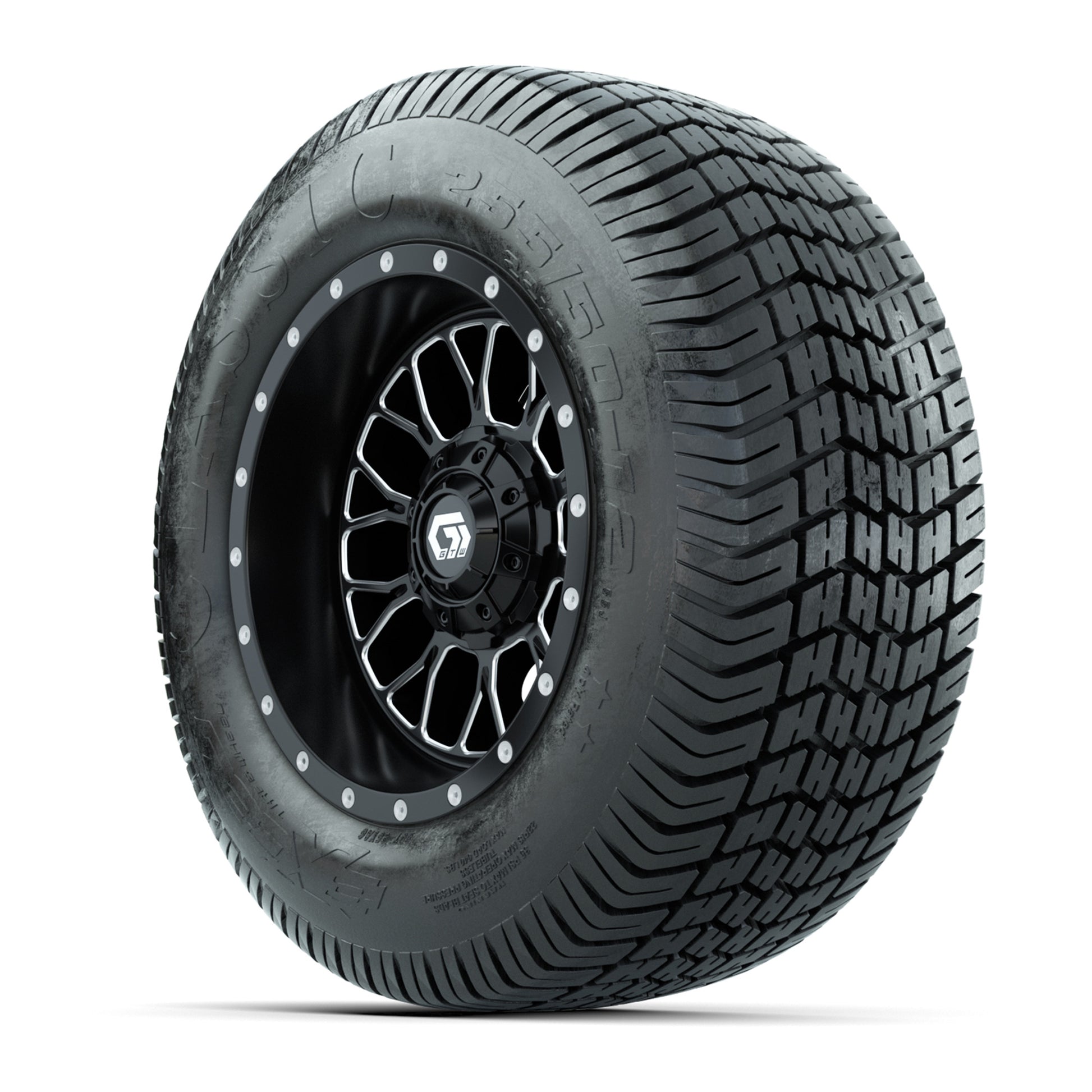 GTW® Helix Black/Machined 12 in Wheels with 255/50-12 Excel Classic Street Tires – Full Set