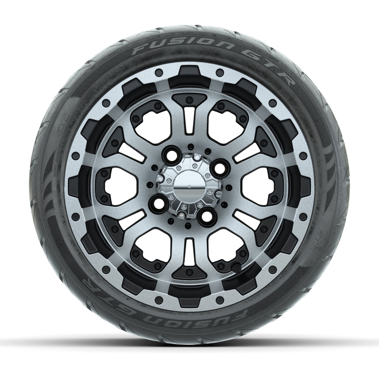GTW® Omega Black/Machined 12 in Wheels with 215/40-R12 Fusion GTR Steel Belt Radial Street Tires - Full Set