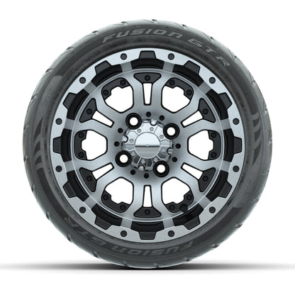 GTW® Omega Black/Machined 12 in Wheels with 215/40-R12 Fusion GTR Steel Belt Radial Street Tires - Full Set