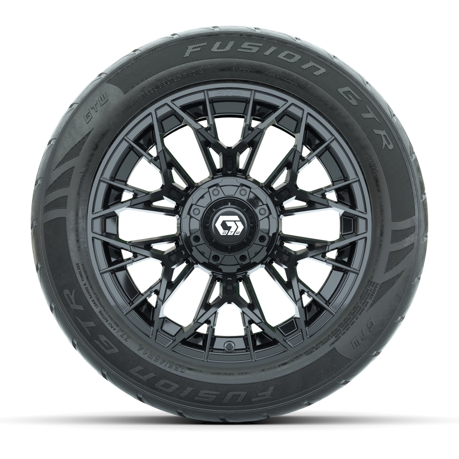 GTW® Stellar Black 14 in Wheels with 255/45-R14 Fusion GTR Steel Belt Radial Street Tires – Full Set
