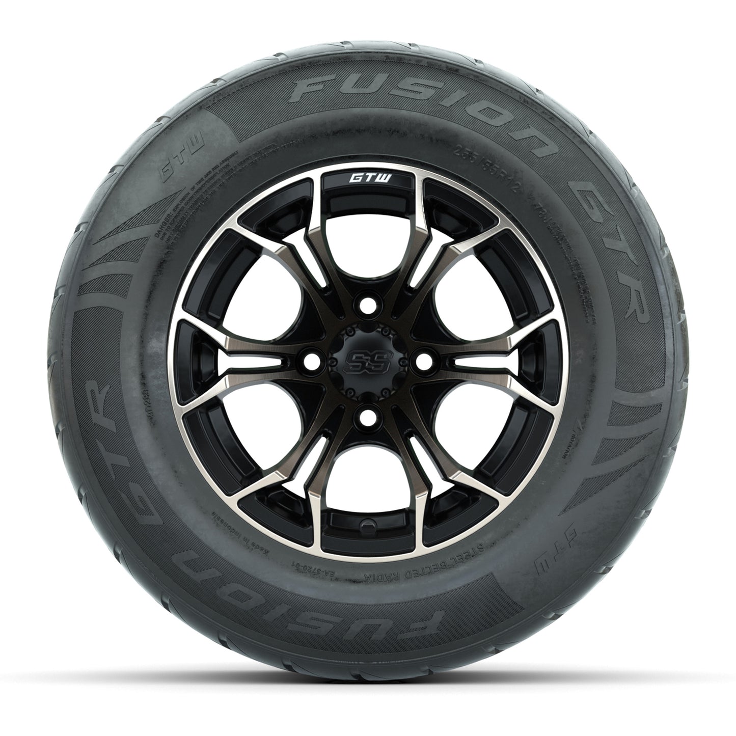 GTW® Spyder Matte Black/Bronze 12 in Wheels with 255/55-R12 Fusion GTR Steel Belt Radial Street Tires – Full Set