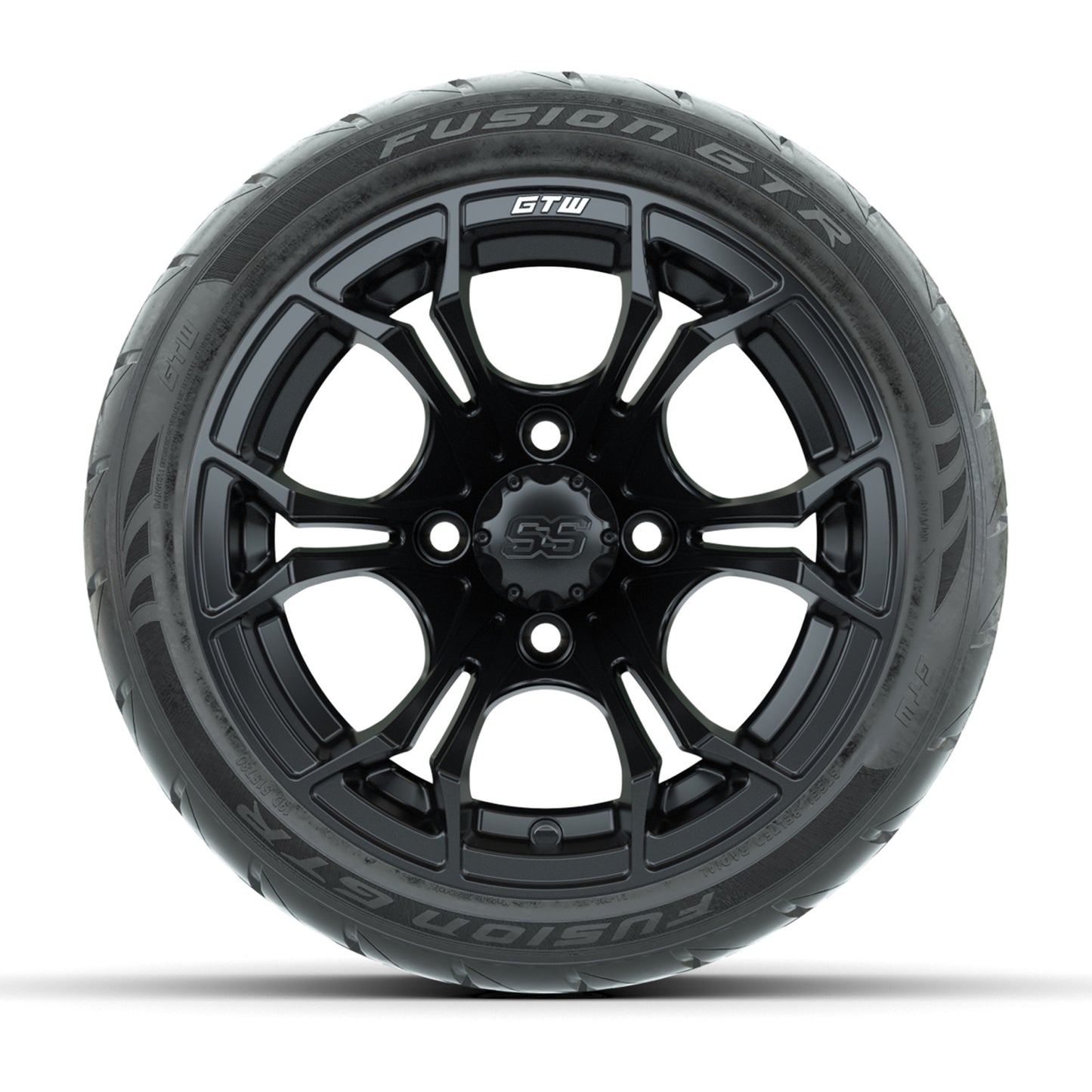 GTW® Spyder Matte Black 12 in Wheels with 215/40-R12 Fusion GTR Steel Belt Radial Street Tires – Full Set