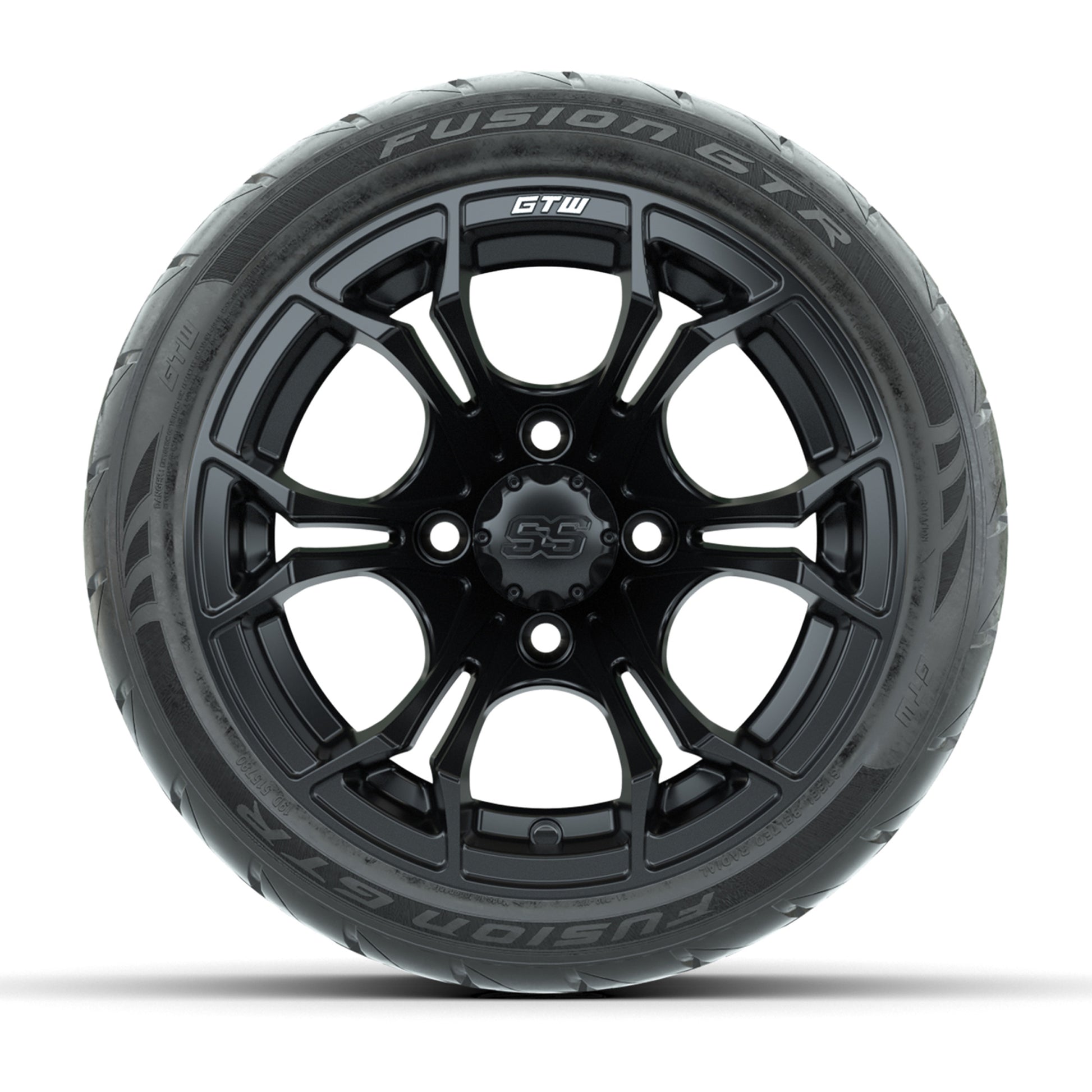 GTW® Spyder Matte Black 12 in Wheels with 215/40-R12 Fusion GTR Steel Belt Radial Street Tires – Full Set