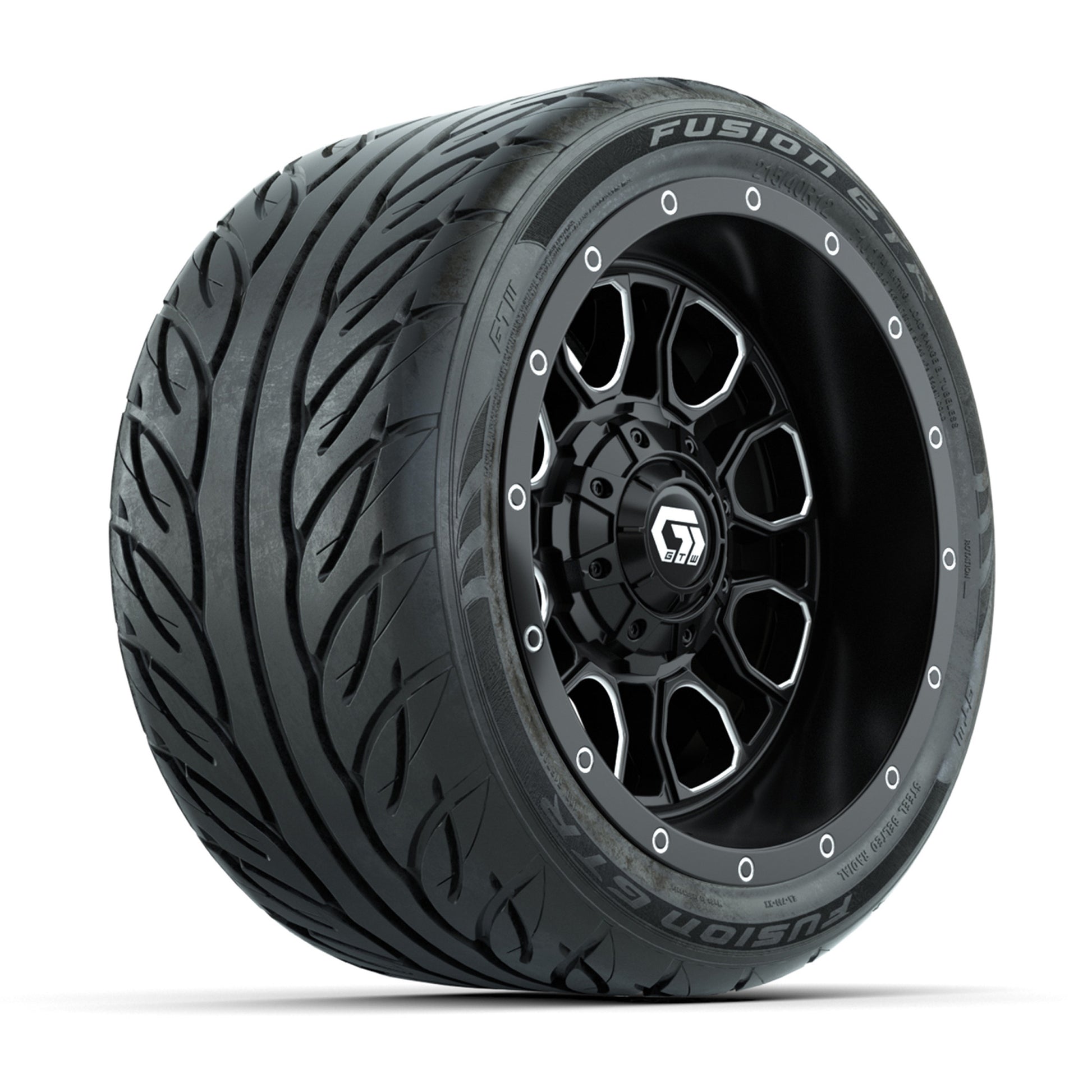 GTW® Volt Black/Machined 12 in Wheels with 215/40-R12 Fusion GTR Steel Belt Radial Street Tires – Full Set