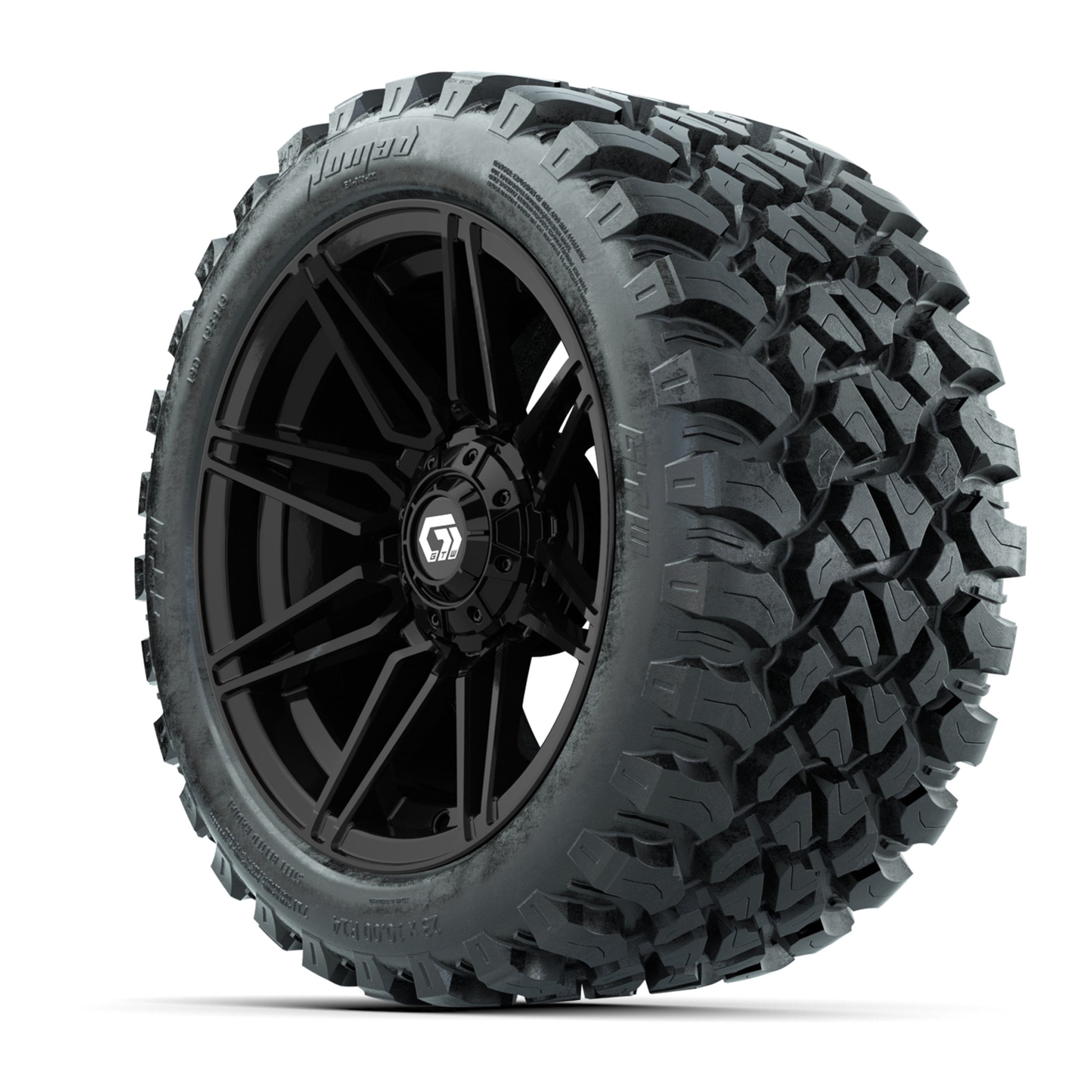 GTW® Stealth Black/Machined 14 in Wheels with 23X10-R14 Nomad Steel Belt Radial All-Terrain Tires – Full Set