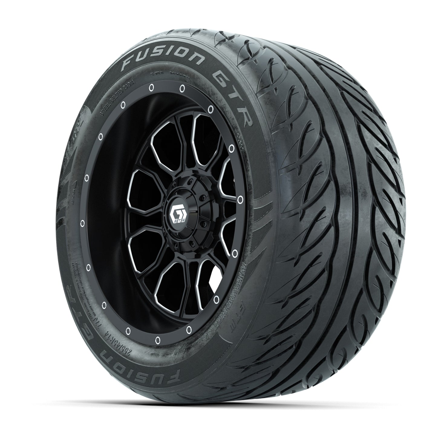 GTW® Volt Black/Machined 14 in Wheels with 255/45-R14 Fusion GTR Steel Belt Radial Street Tires – Full Set