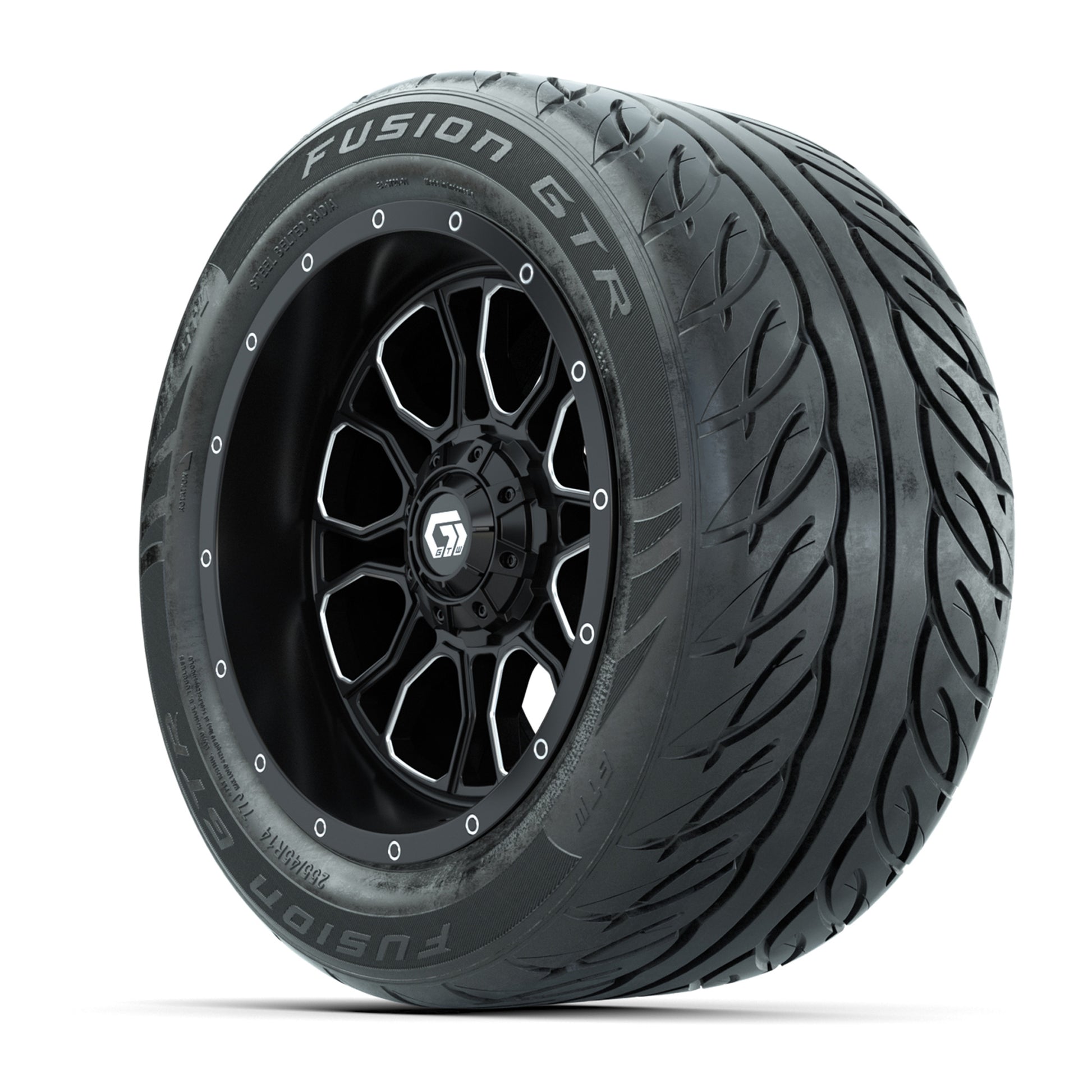 GTW® Volt Black/Machined 14 in Wheels with 255/45-R14 Fusion GTR Steel Belt Radial Street Tires – Full Set