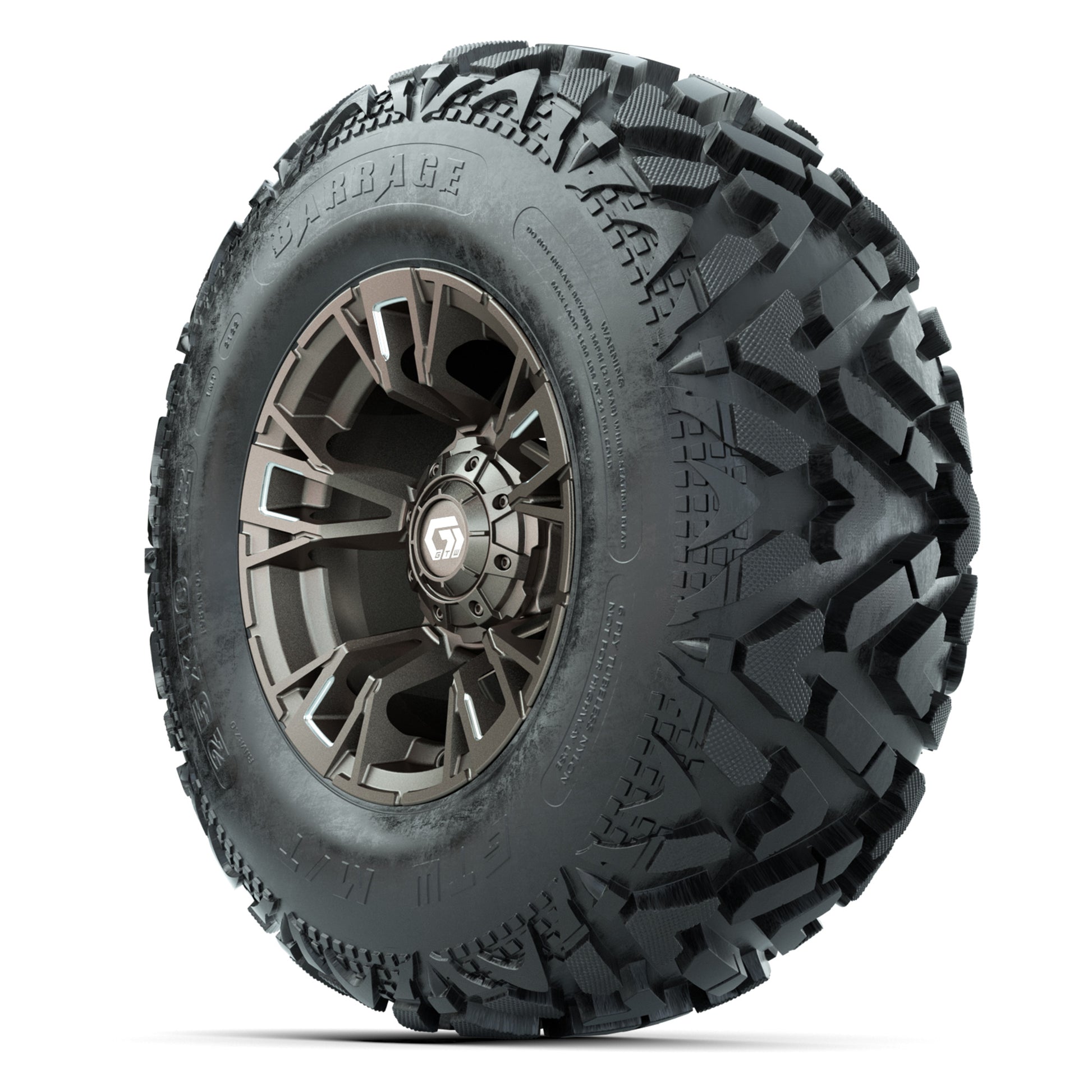 GTW® Vandal Bronze/Machined 12 in Wheels with 25X10-12 Barrage Mud Tires – Full Set