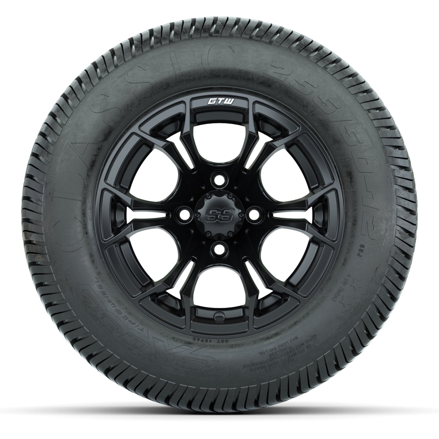 GTW® Spyder Matte Black 12 in Wheels with 255/50-12 Excel Classic Street Tires – Full Set