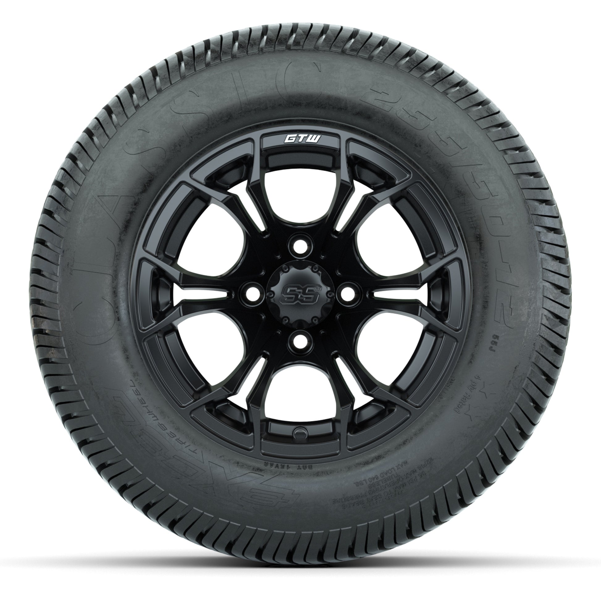 GTW® Spyder Matte Black 12 in Wheels with 255/50-12 Excel Classic Street Tires – Full Set