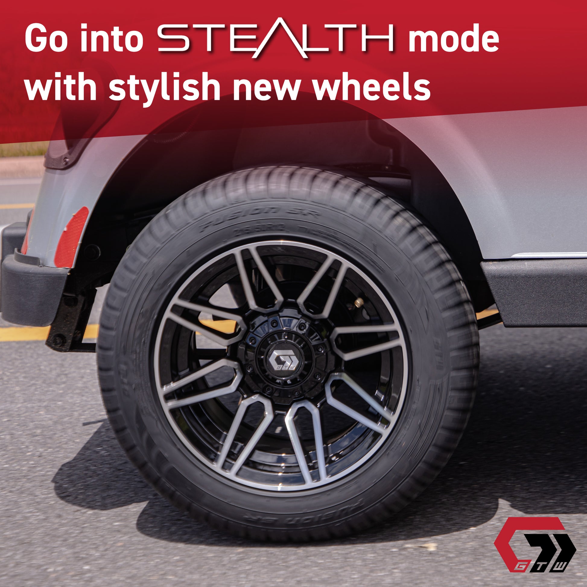 GTW® Stealth Gloss Black/Machined 14 in Wheels with 205/40-R14 Fusion GTR Steel Belted Street Tires – Full Set