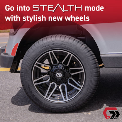 GTW® Stealth Gloss Black 12 in Wheels with 255/55-R12 Fusion GTR Steel Belt Radial Street Tires – Full Set