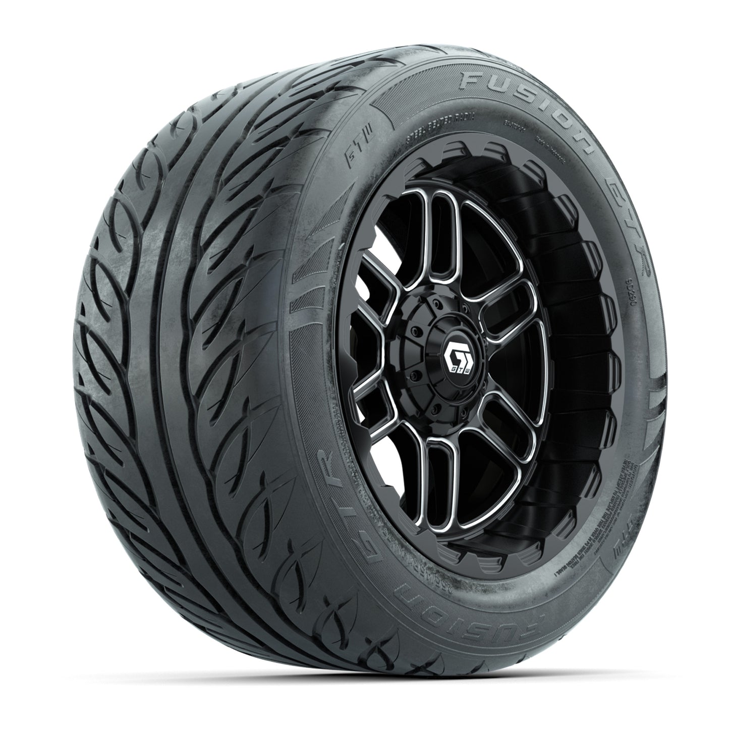 GTW® Titan Black/Machined 14 in Wheels with 255/45-R14 Fusion GTR Steel Belt Radial Street Tires – Full Set