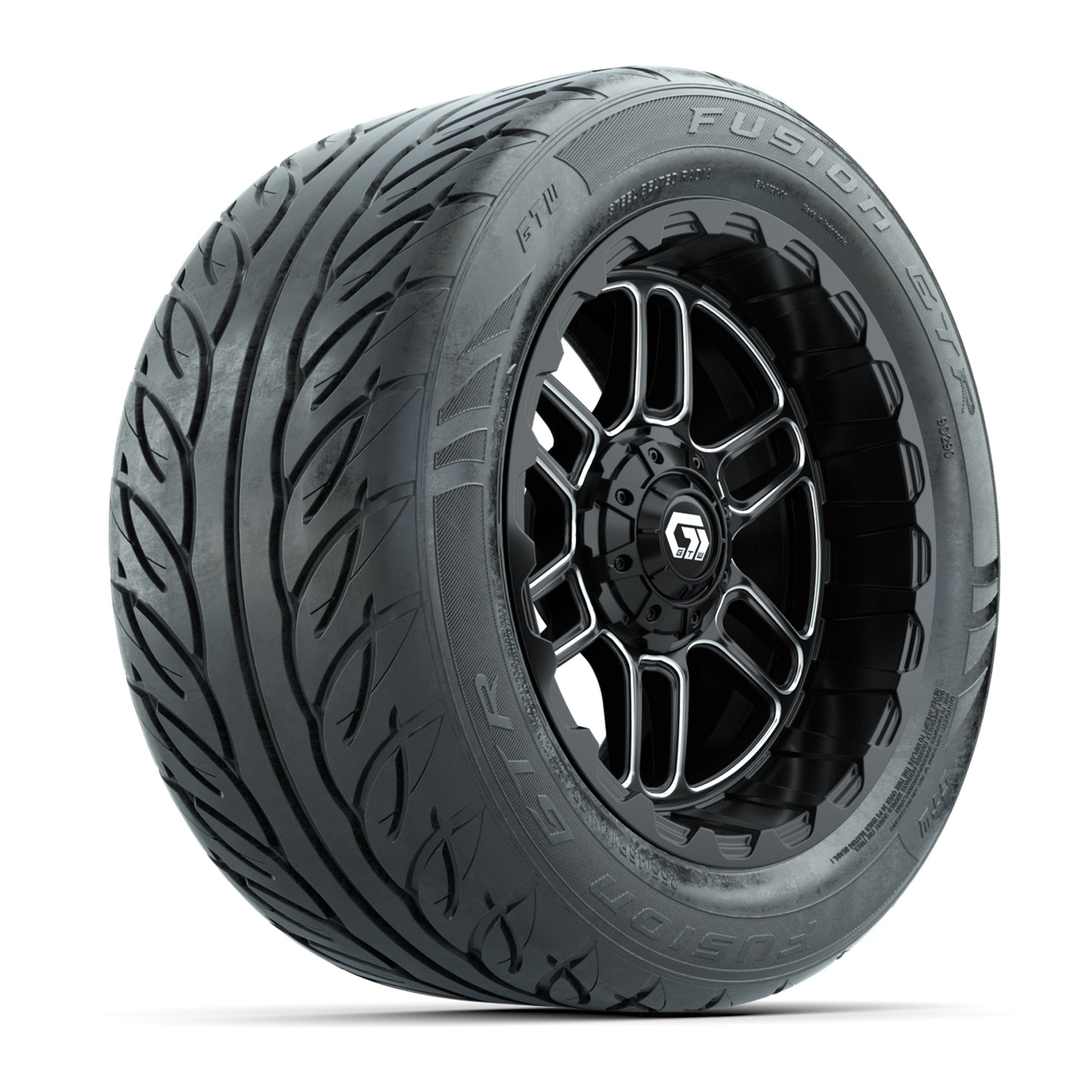 GTW® Titan Black/Machined 14 in Wheels with 255/45-R14 Fusion GTR Steel Belt Radial Street Tires – Full Set