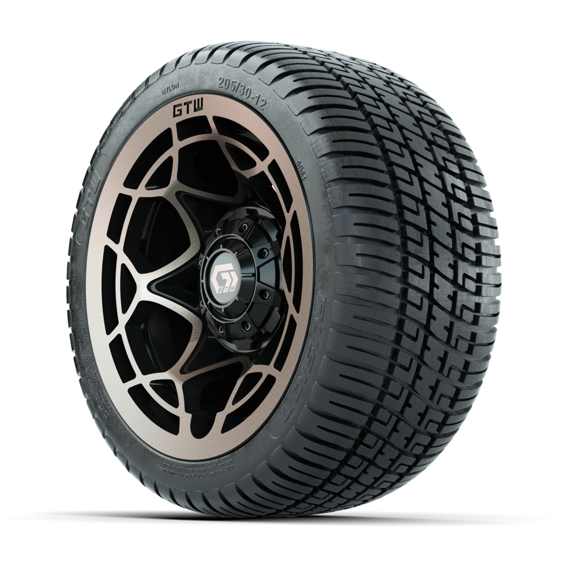 GTW® Nexus Black with Bronze Face 12 in Wheels with 205/30-12 Fusion Street Tires – Full Set
