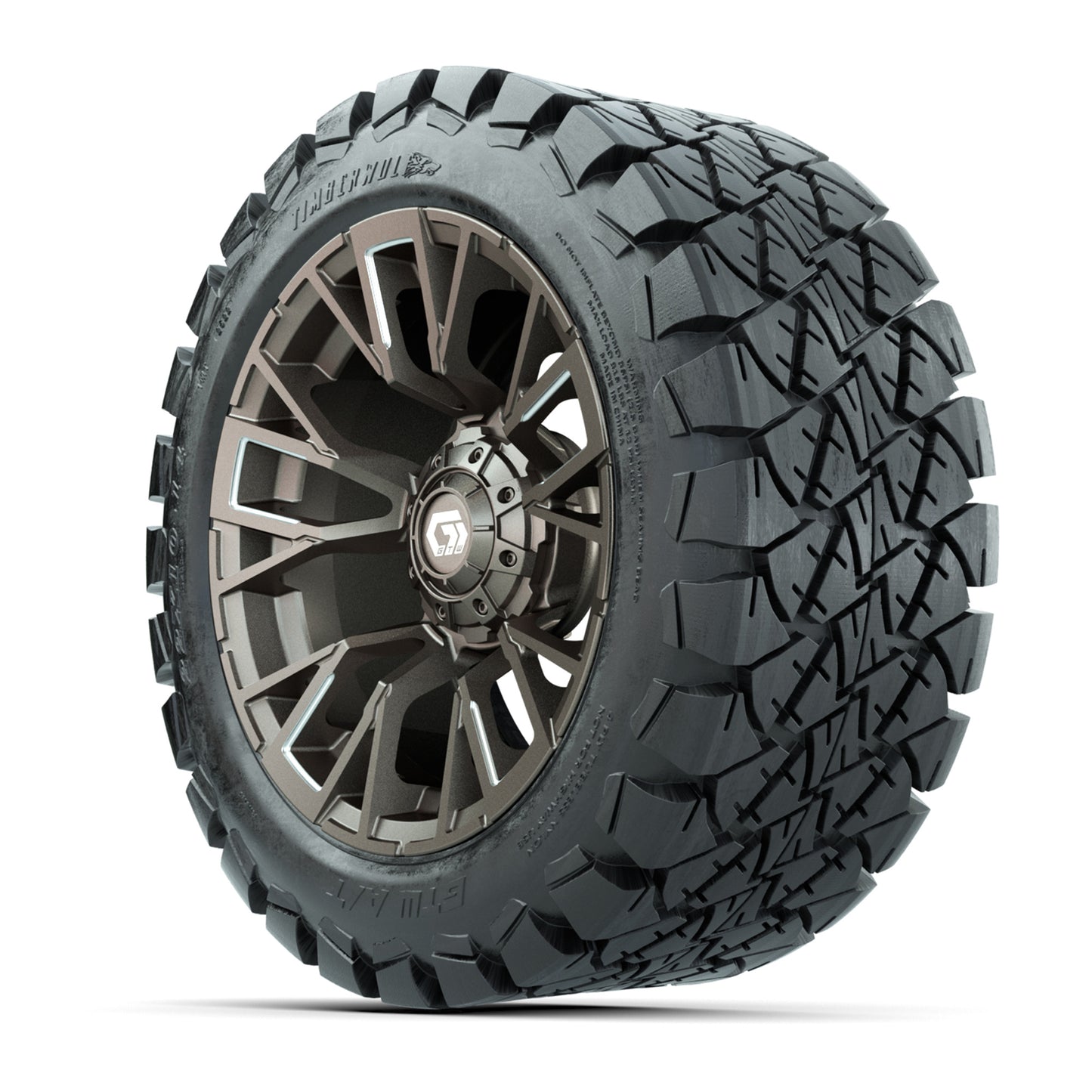 GTW® Vandal Satin Bronze/Machined 14 in Wheels with 22x10-14 Timberwolf All-Terrain Tires – Full Set