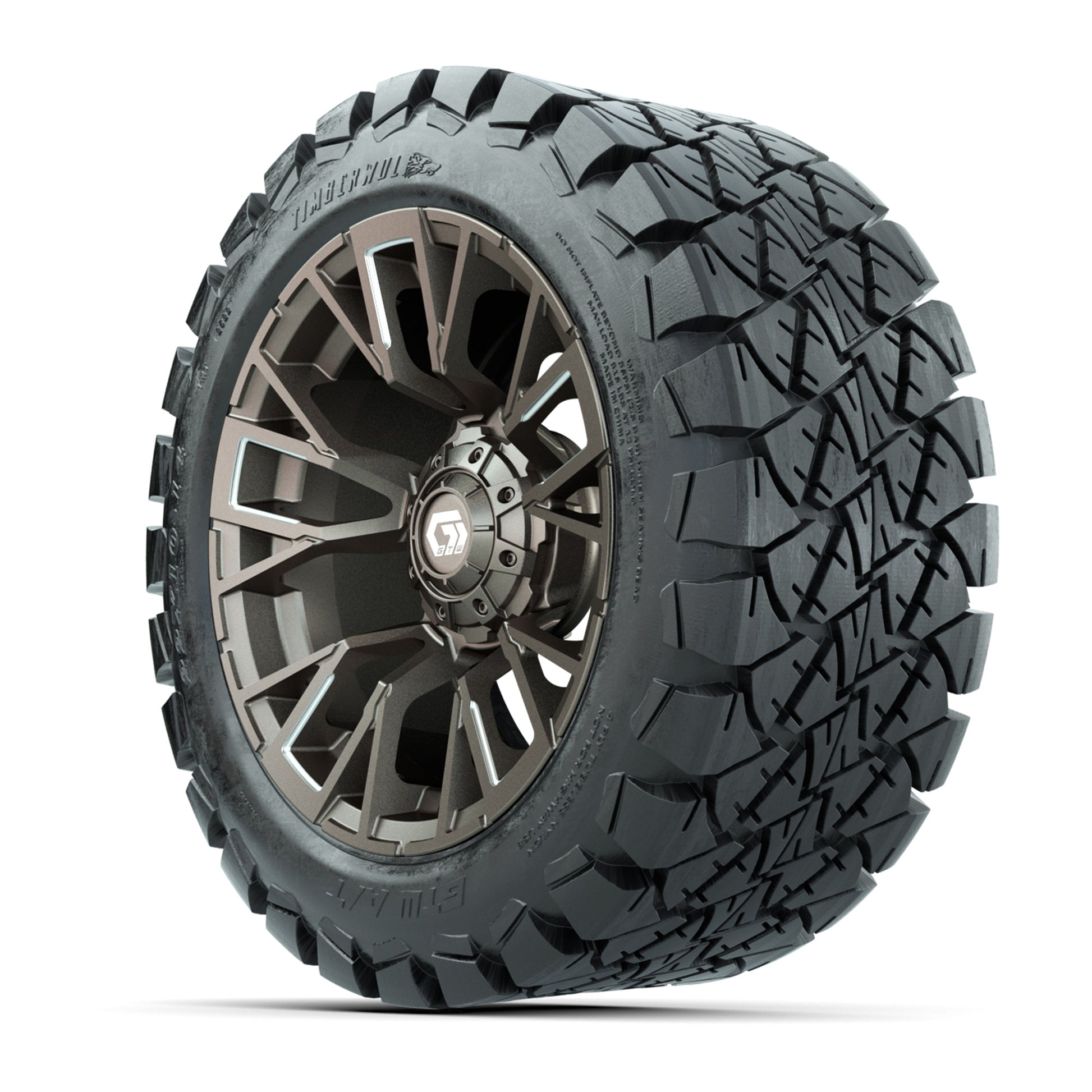 GTW® Vandal Satin Bronze/Machined 14 in Wheels with 22x10-14 Timberwolf All-Terrain Tires – Full Set