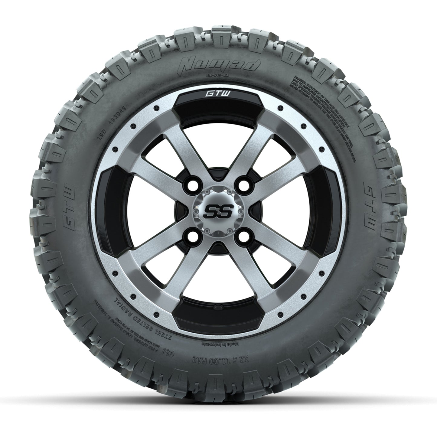 GTW® Storm Trooper Black/Machined 12 in Wheels with 22X11-R12 Nomad Steel Belt Radial All-Terrain Tires - Full Set
