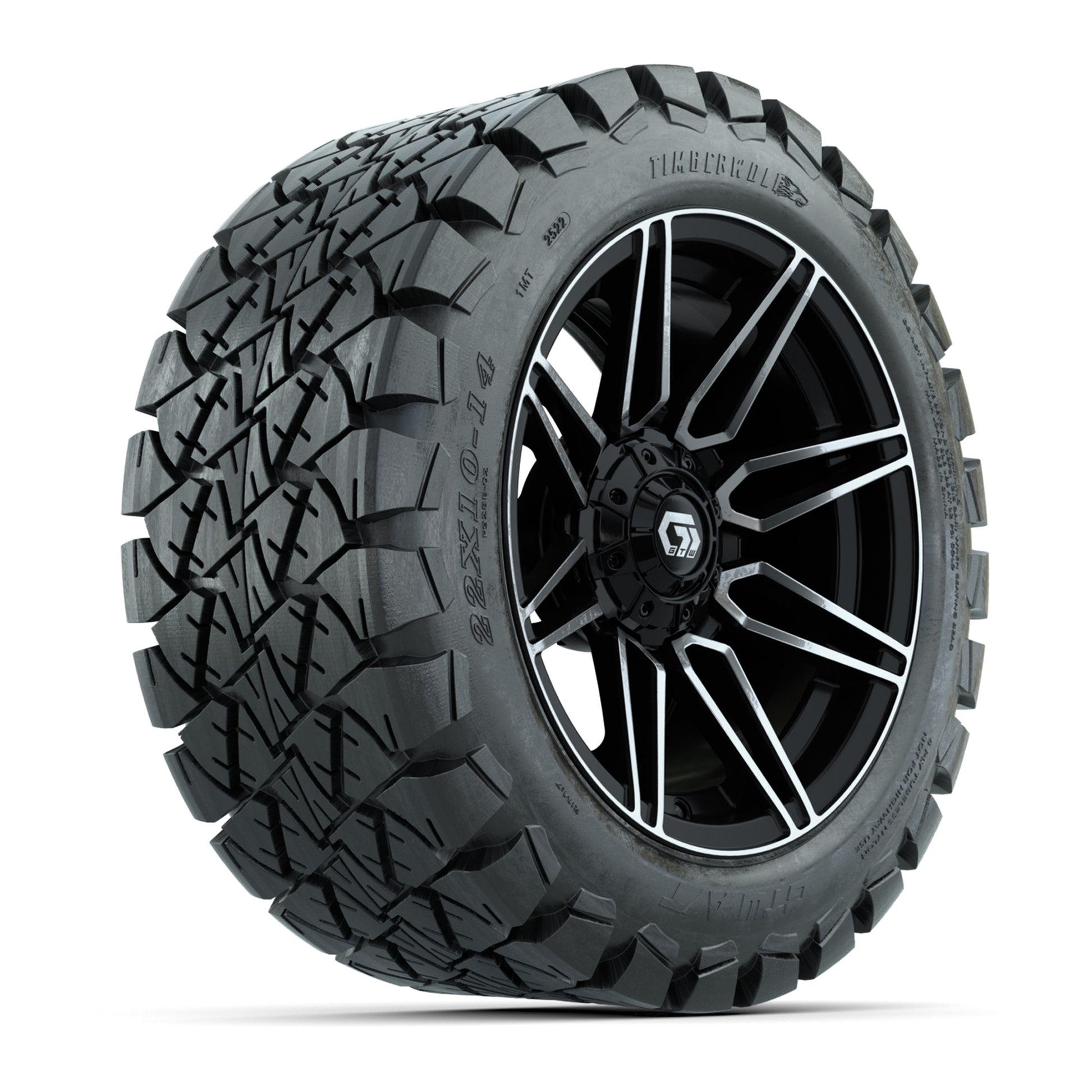 GTW® Stealth Gloss Black/Machined 14 in Wheels with 22x10-14 Timberwolf All-Terrain Tires – Full Set
