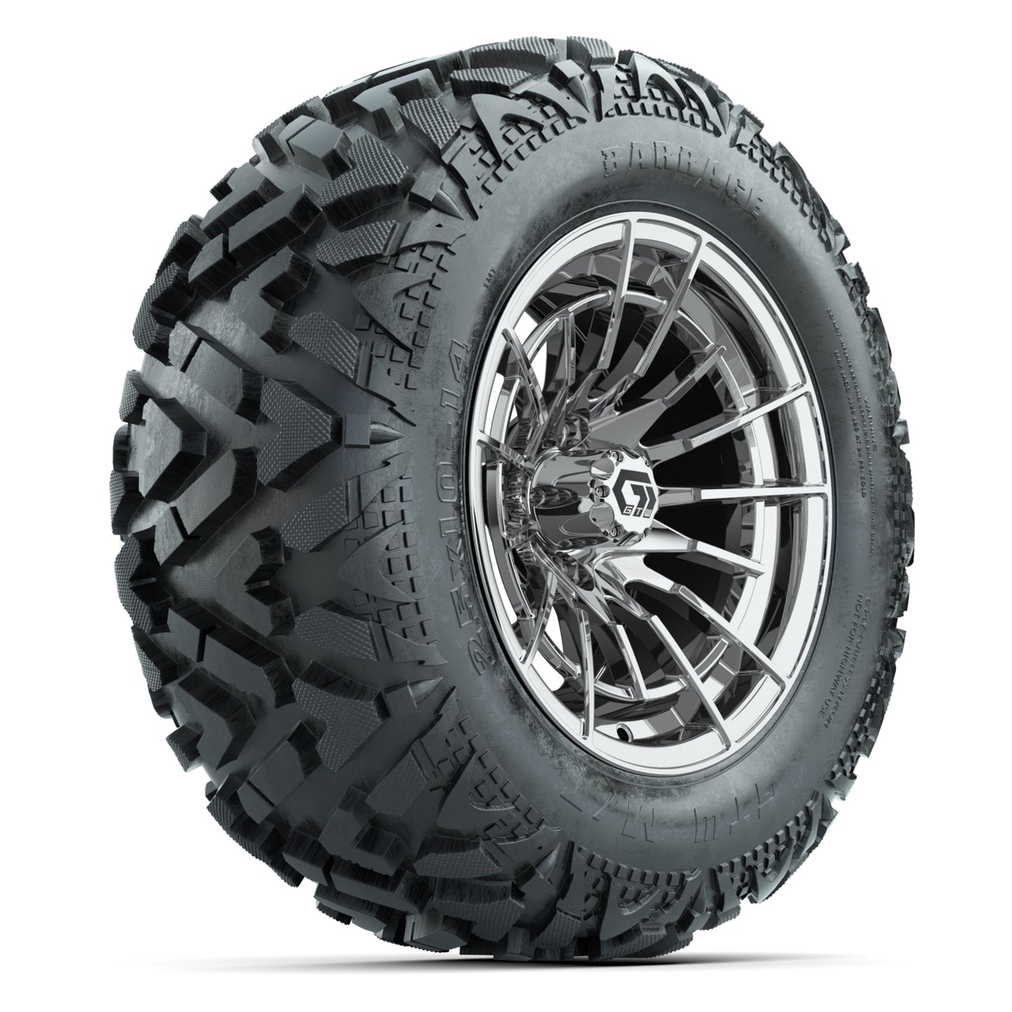 GTW Boost Chrome 14 in Wheels with 25x10-14 Barrage Mud Tires – Full Set
