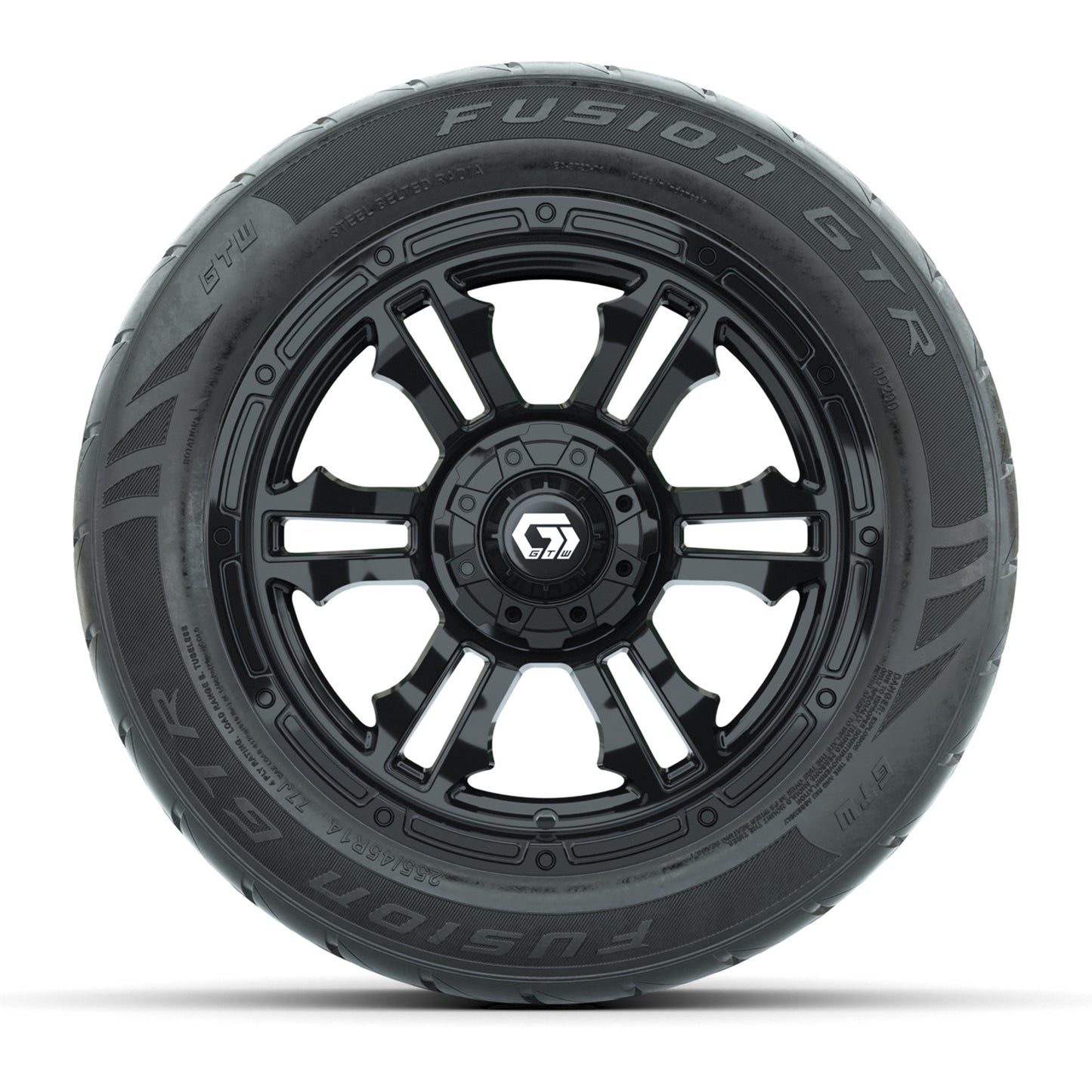 GTW® Shogun Gloss Black 14 in Wheels with 255/45-R14 Fusion GTR Steel Belt Radial Street Tires – Full Set