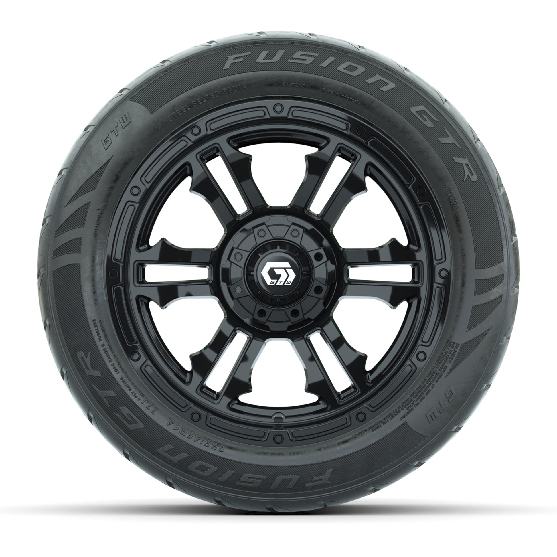 GTW® Shogun Gloss Black 14 in Wheels with 255/45-R14 Fusion GTR Steel Belt Radial Street Tires – Full Set