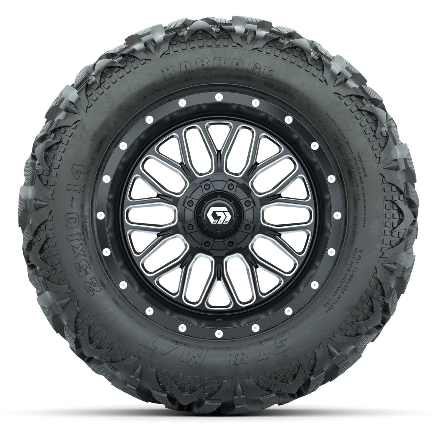 GTW Helix Black/Machined 14 in Wheels with 25x10-14 Barrage Mud Tires – Full Set
