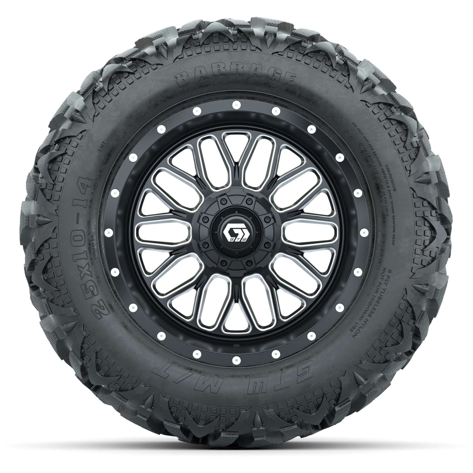 GTW Helix Black/Machined 14 in Wheels with 25x10-14 Barrage Mud Tires – Full Set