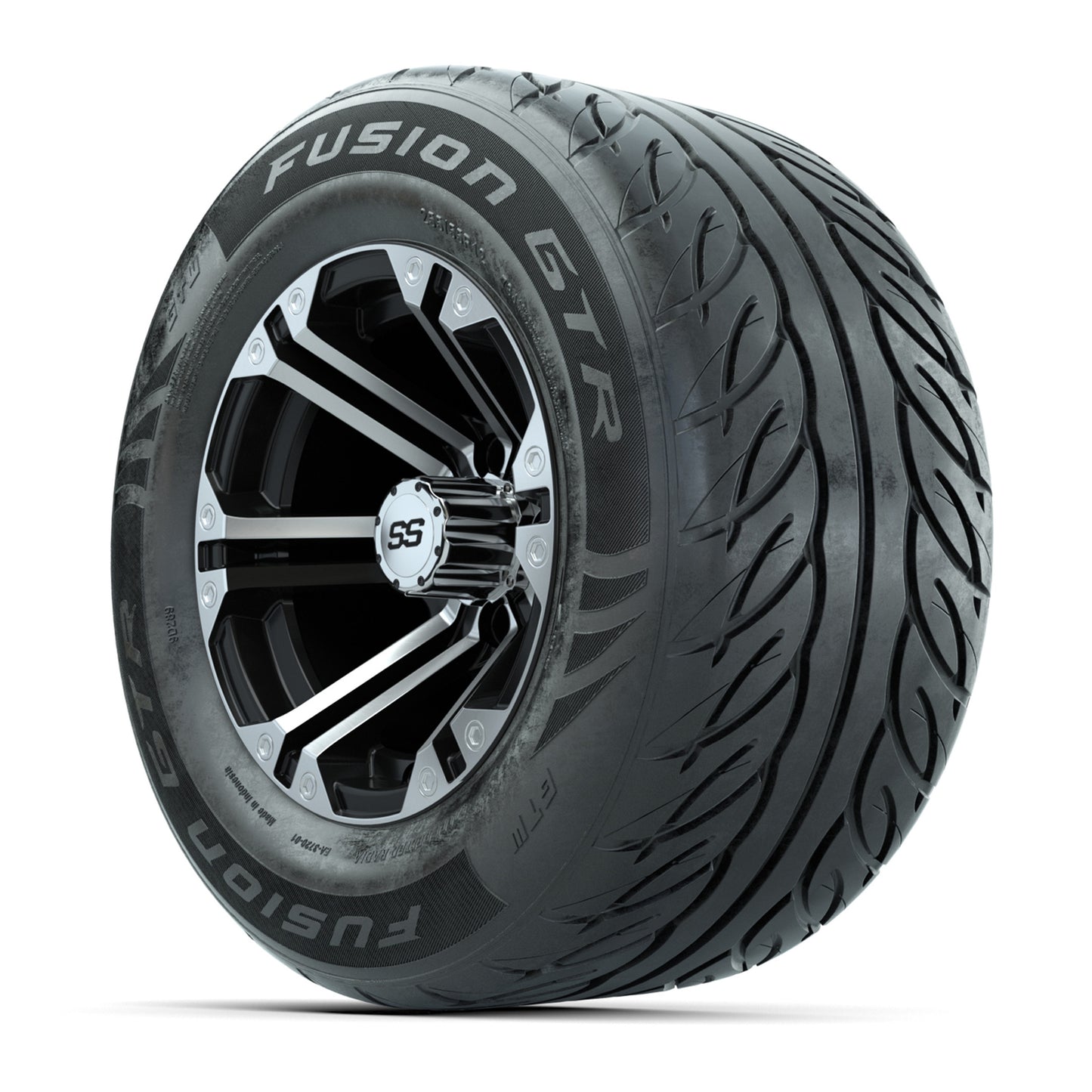 GTW® Specter Black/Machined 12 in Wheels with 255/55-R12 Fusion GTR Steel Belt Radial Street Tires – Full Set
