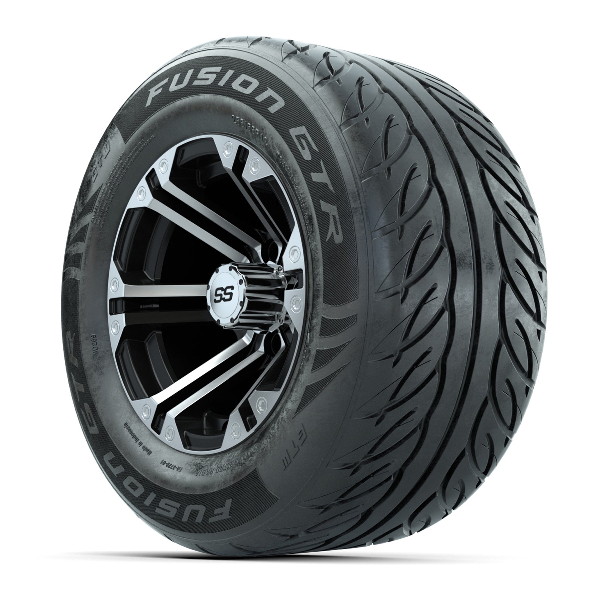 GTW® Specter Black/Machined 12 in Wheels with 255/55-R12 Fusion GTR Steel Belt Radial Street Tires – Full Set