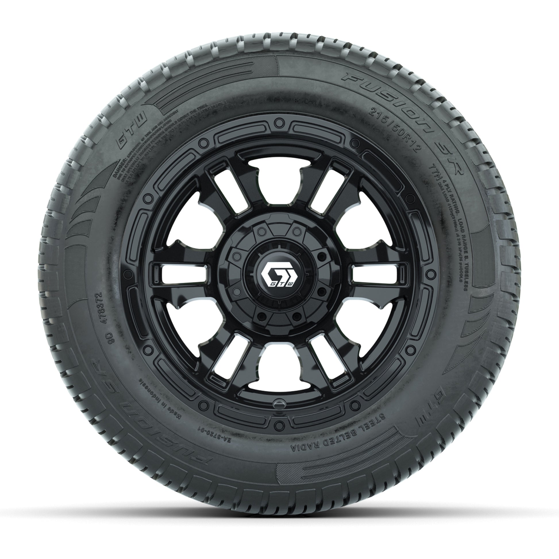 GTW® Shogun Gloss Black 12 in Wheels with 215/50-R12 Fusion S/R Steel Belt Radial Tires – Full Set