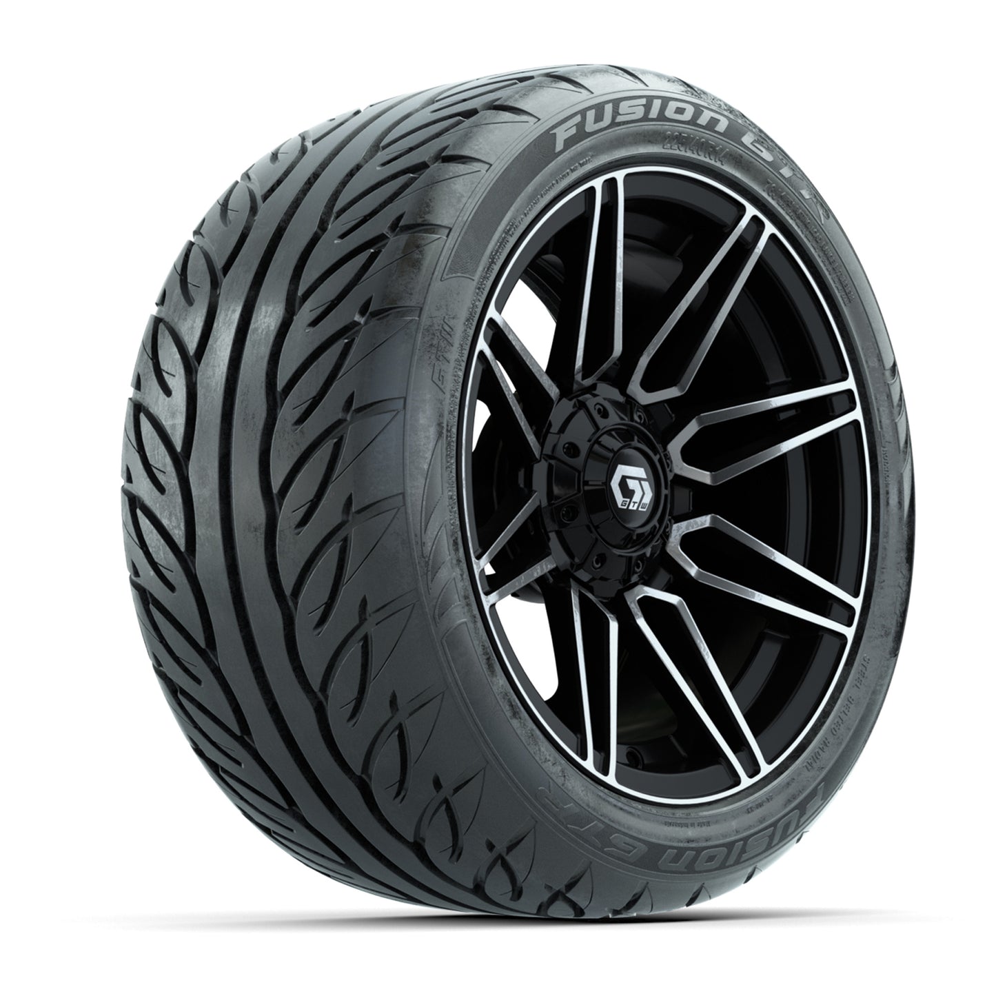 GTW® Stealth Black/Machined 14 in Wheels with 225/40-R14 Fusion GTR Steel Belt Radial Street Tires – Full Set
