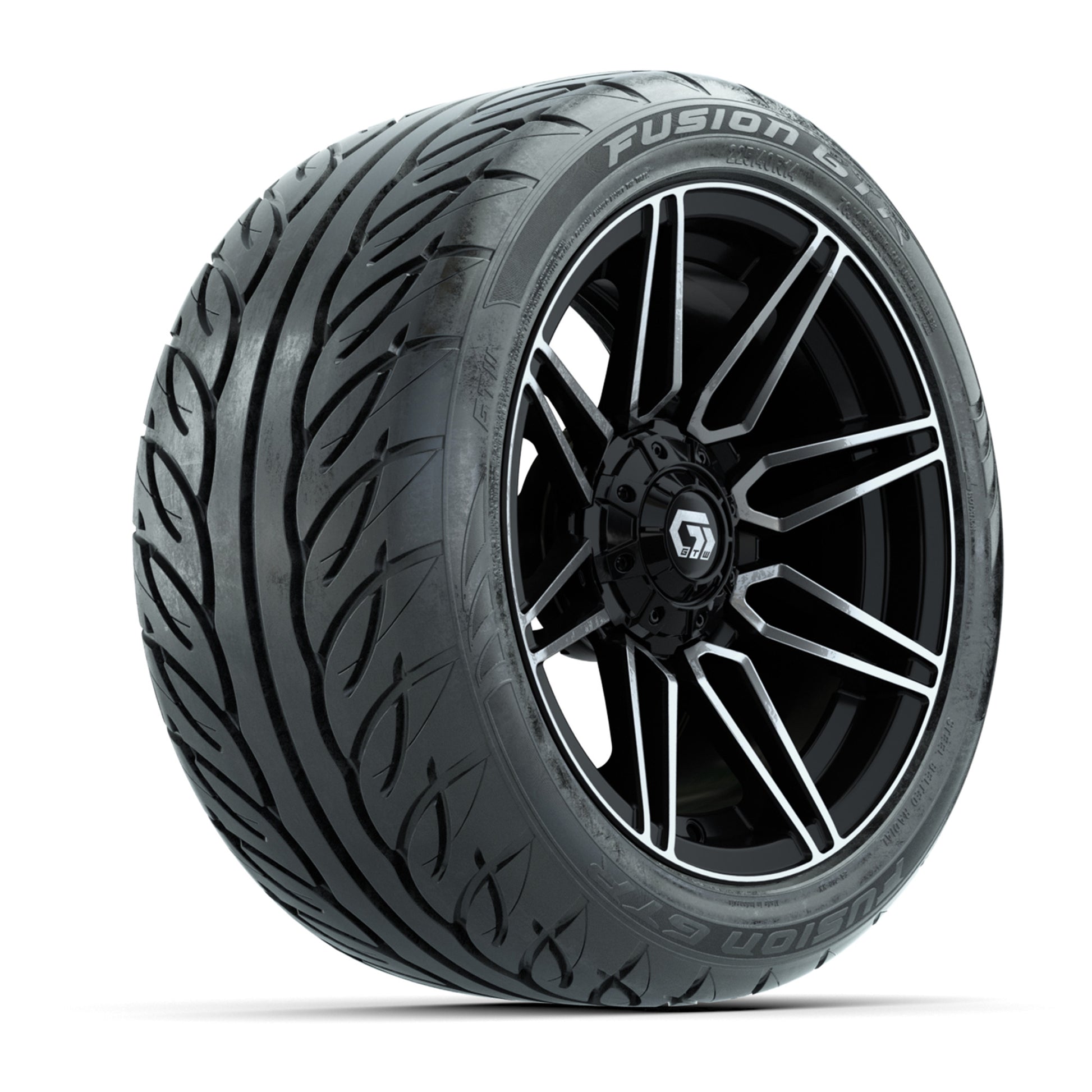GTW® Stealth Black/Machined 14 in Wheels with 225/40-R14 Fusion GTR Steel Belt Radial Street Tires – Full Set