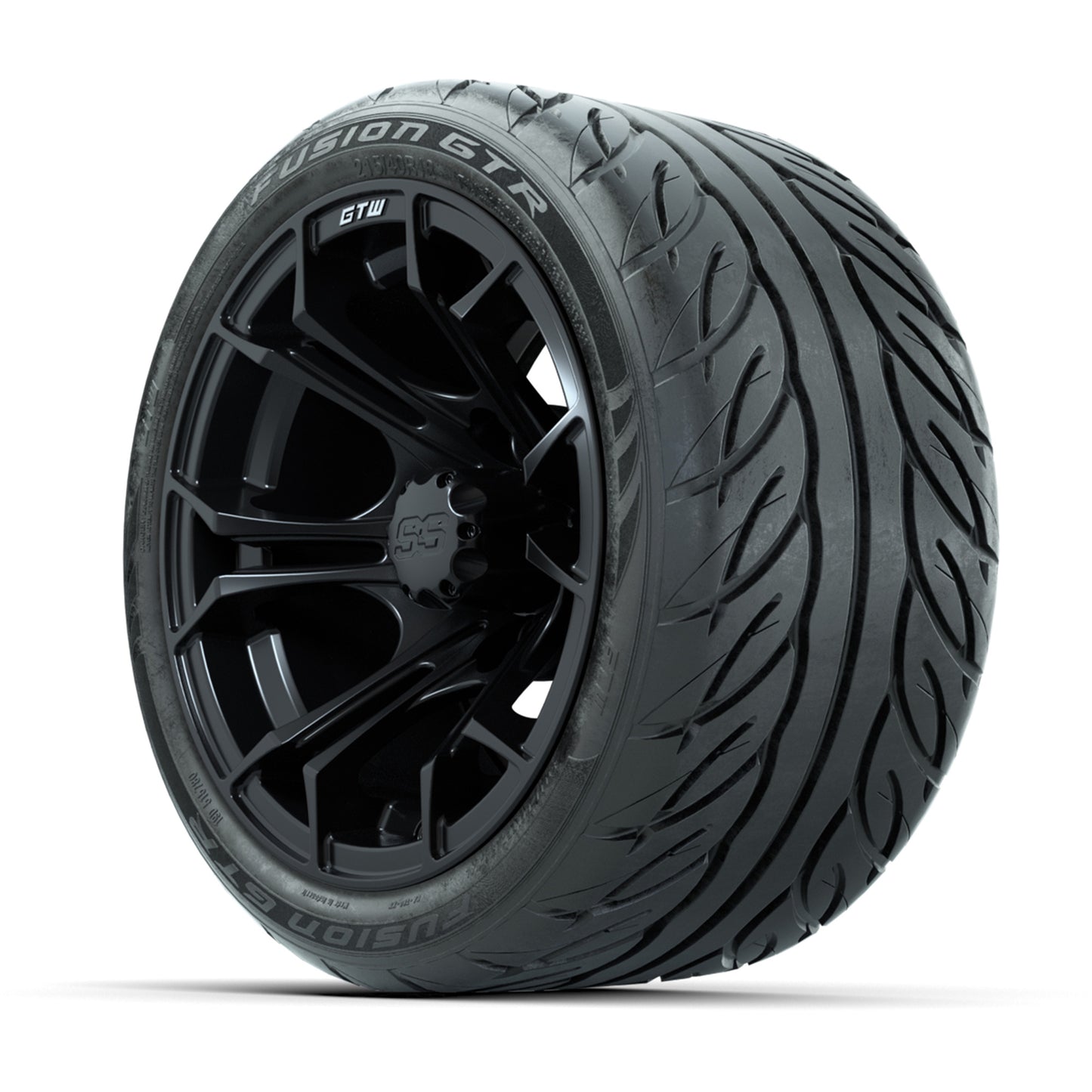 GTW® Spyder Matte Black 12 in Wheels with 215/40-R12 Fusion GTR Steel Belt Radial Street Tires – Full Set