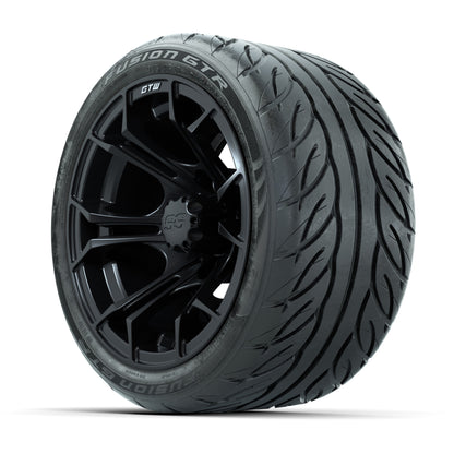 GTW® Spyder Matte Black 12 in Wheels with 215/40-R12 Fusion GTR Steel Belt Radial Street Tires – Full Set