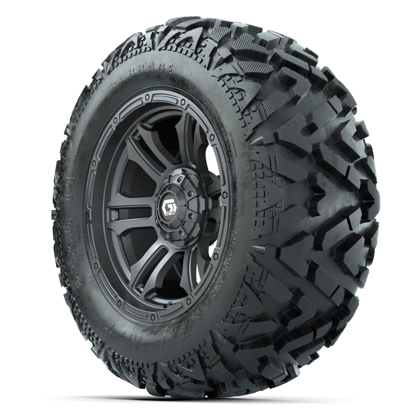 GTW Shogun Gunmetal 14 in Wheels with 25x10-14 Barrage Mud Tires – Full Set