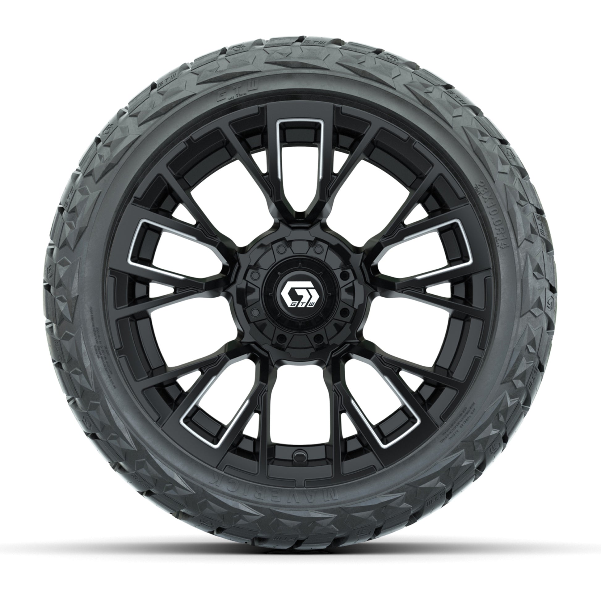 GTW Vandal Matte Black/Machined 14 in Wheels with 23x10.00-R14 Maverick All-Terrain Tires – Full Set