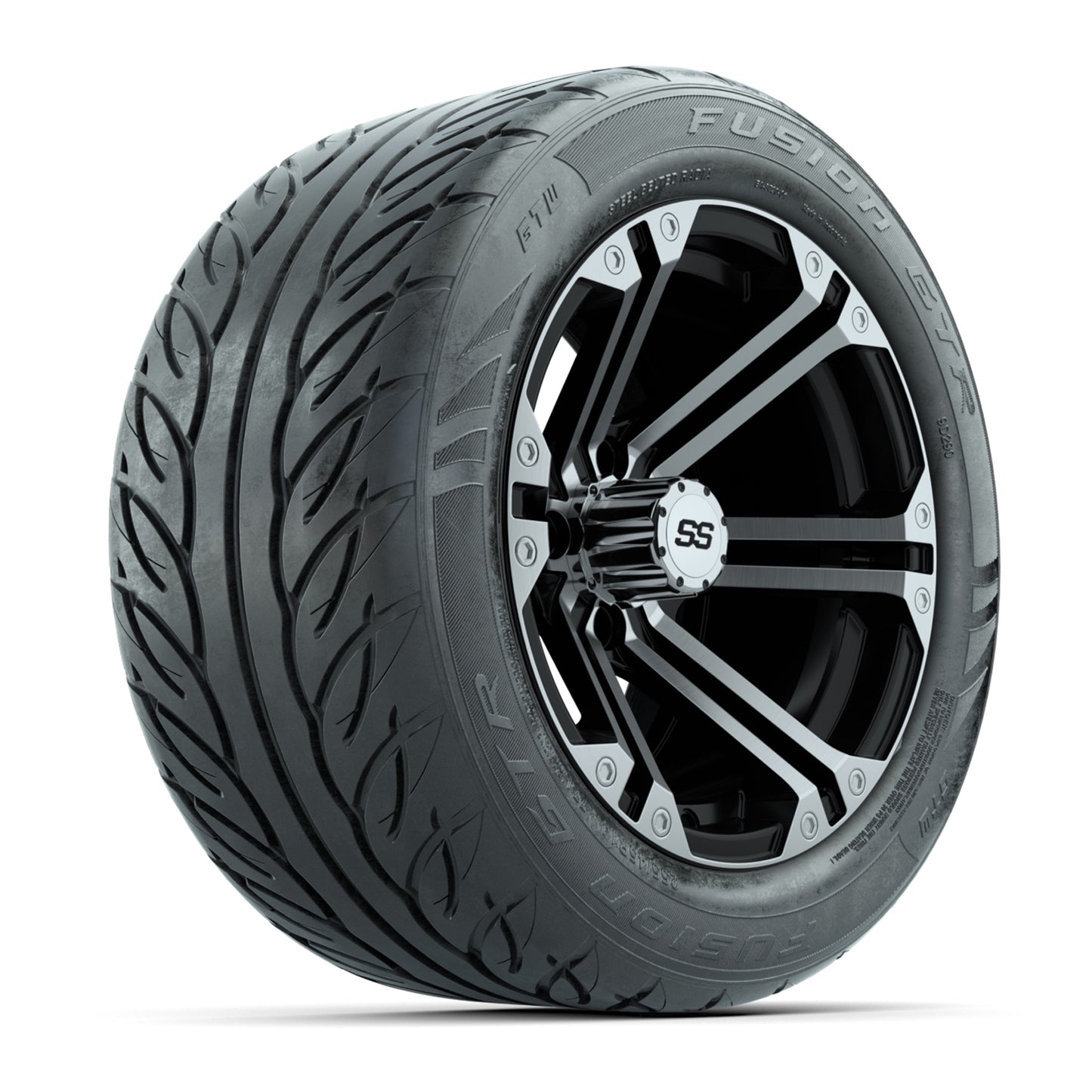 GTW® Specter Black/Machined 14 in Wheels with 255/45-R14 Fusion GTR Steel Belt Radial Street Tires – Full Set