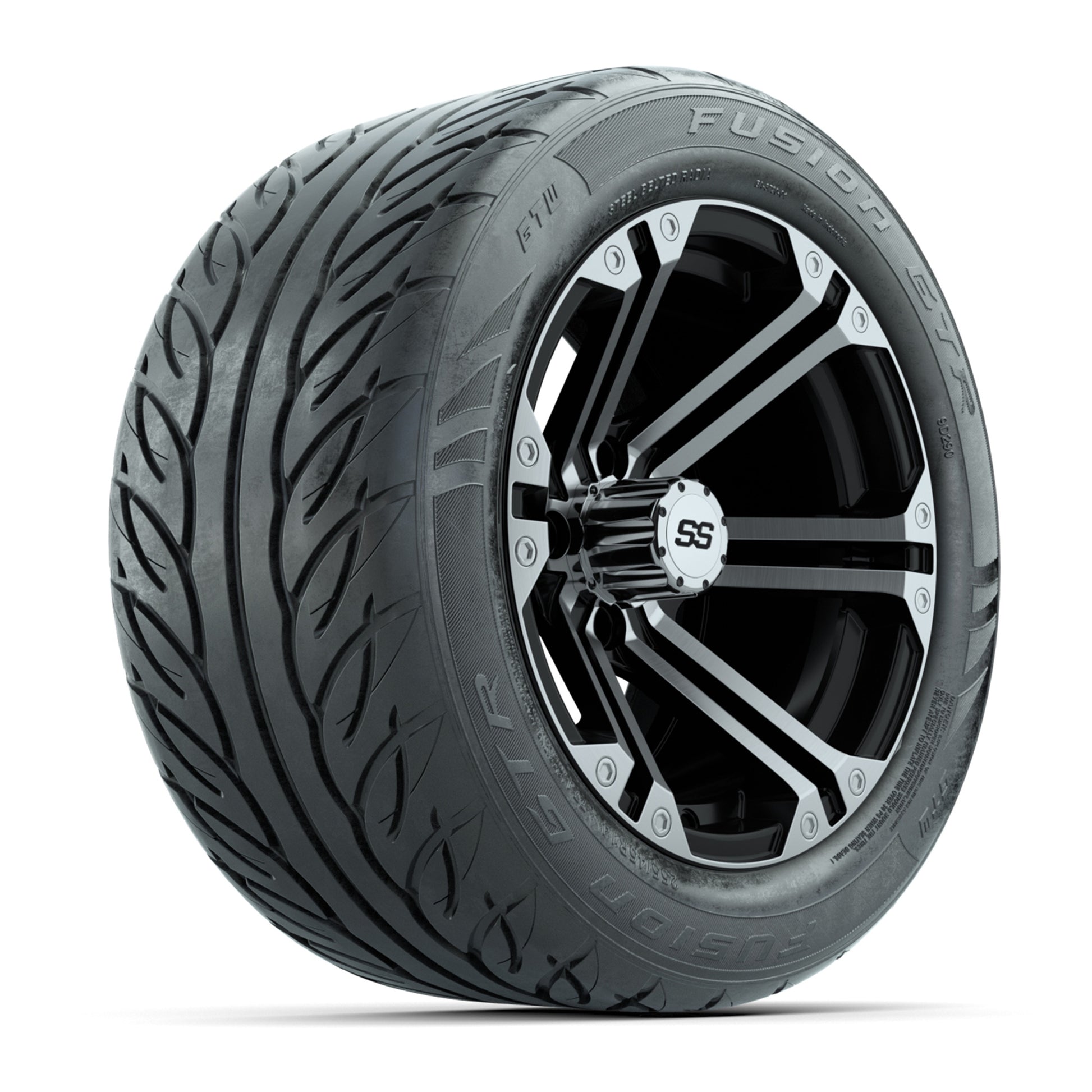 GTW® Specter Black/Machined 14 in Wheels with 255/45-R14 Fusion GTR Steel Belt Radial Street Tires – Full Set