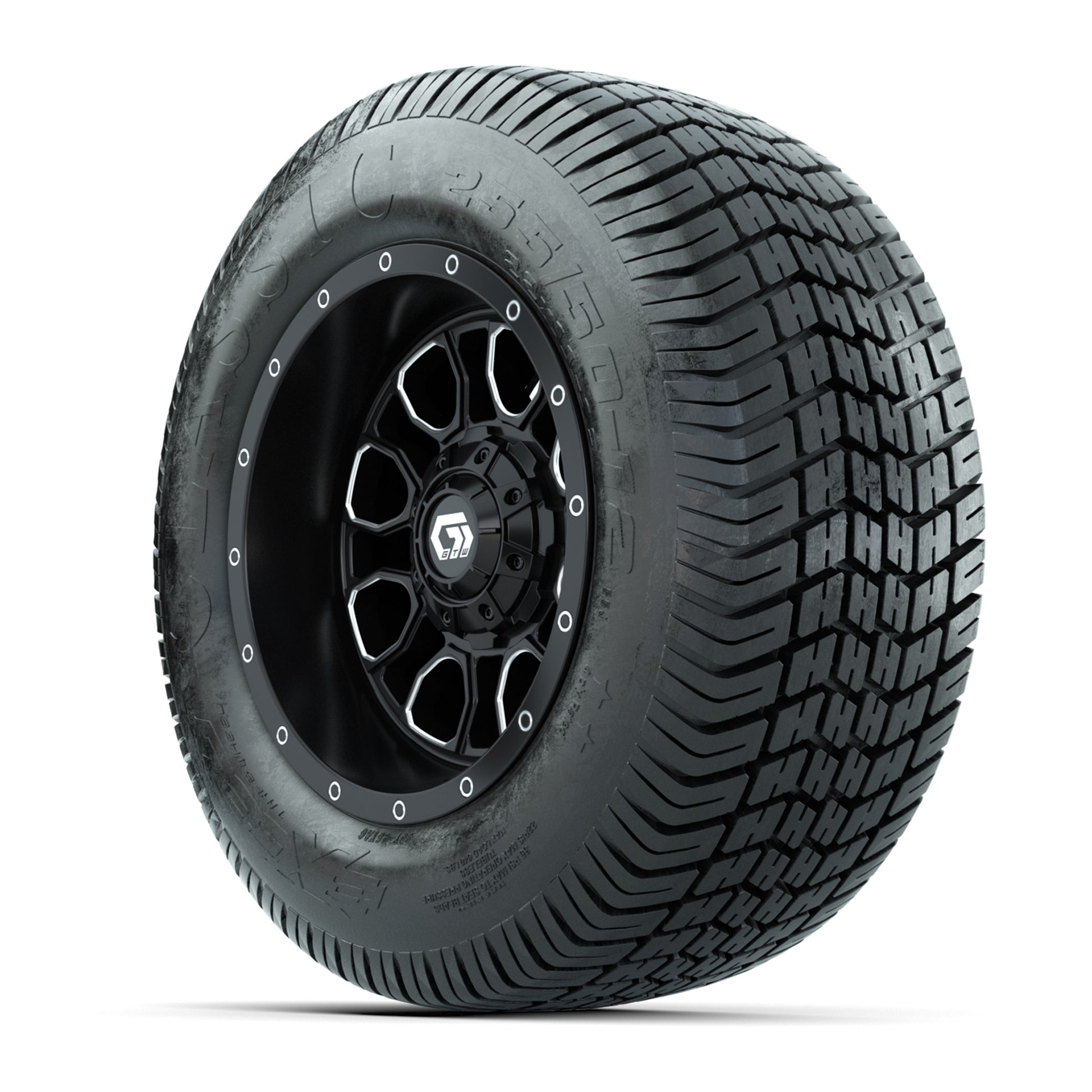 GTW® Volt Black/Machined 12 in Wheels with 255/50-12 Excel Classic Street Tires – Full Set