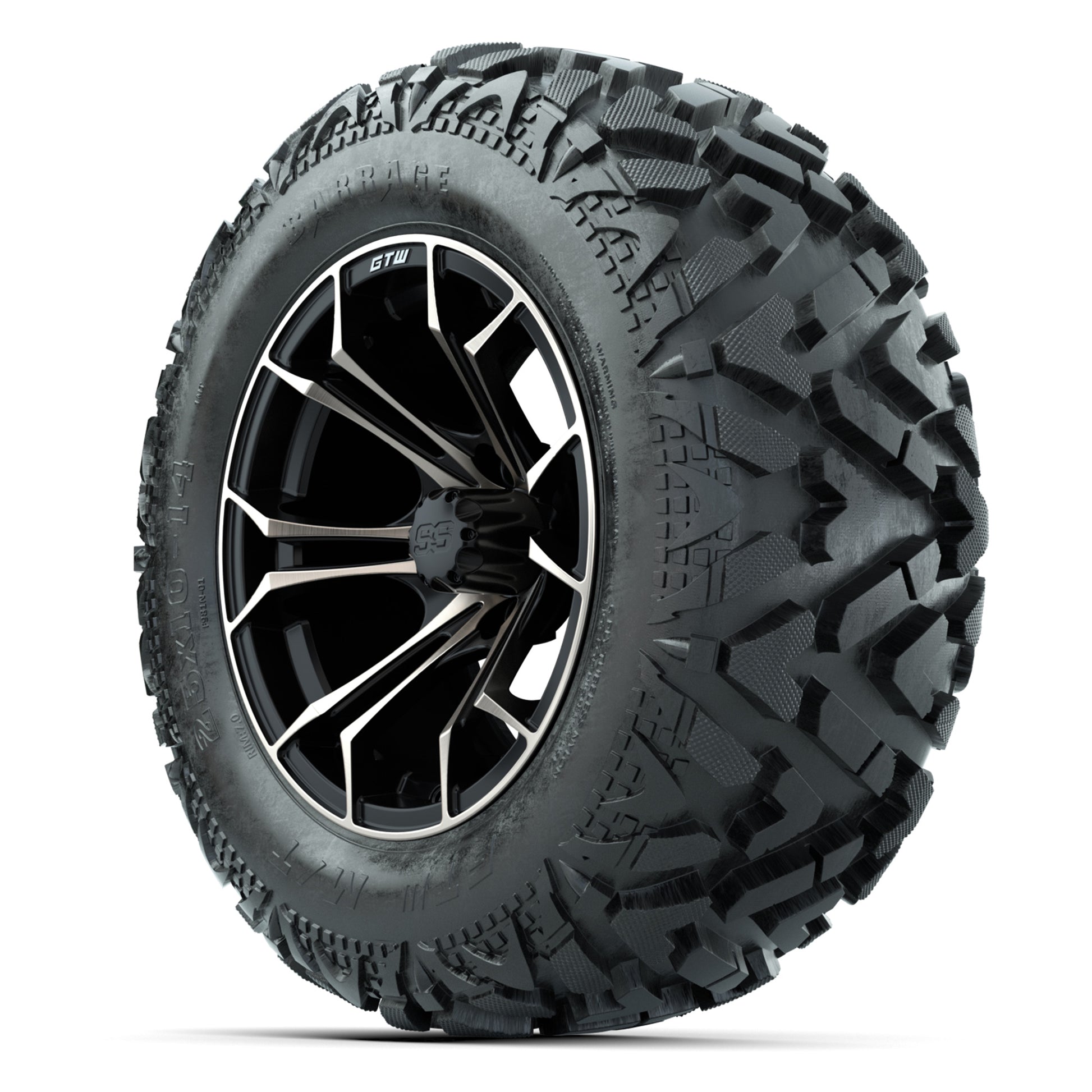 GTW Spyder Matte Black/Bronze 14 in Wheels with 25x10-14 Barrage Mud Tires – Full Set
