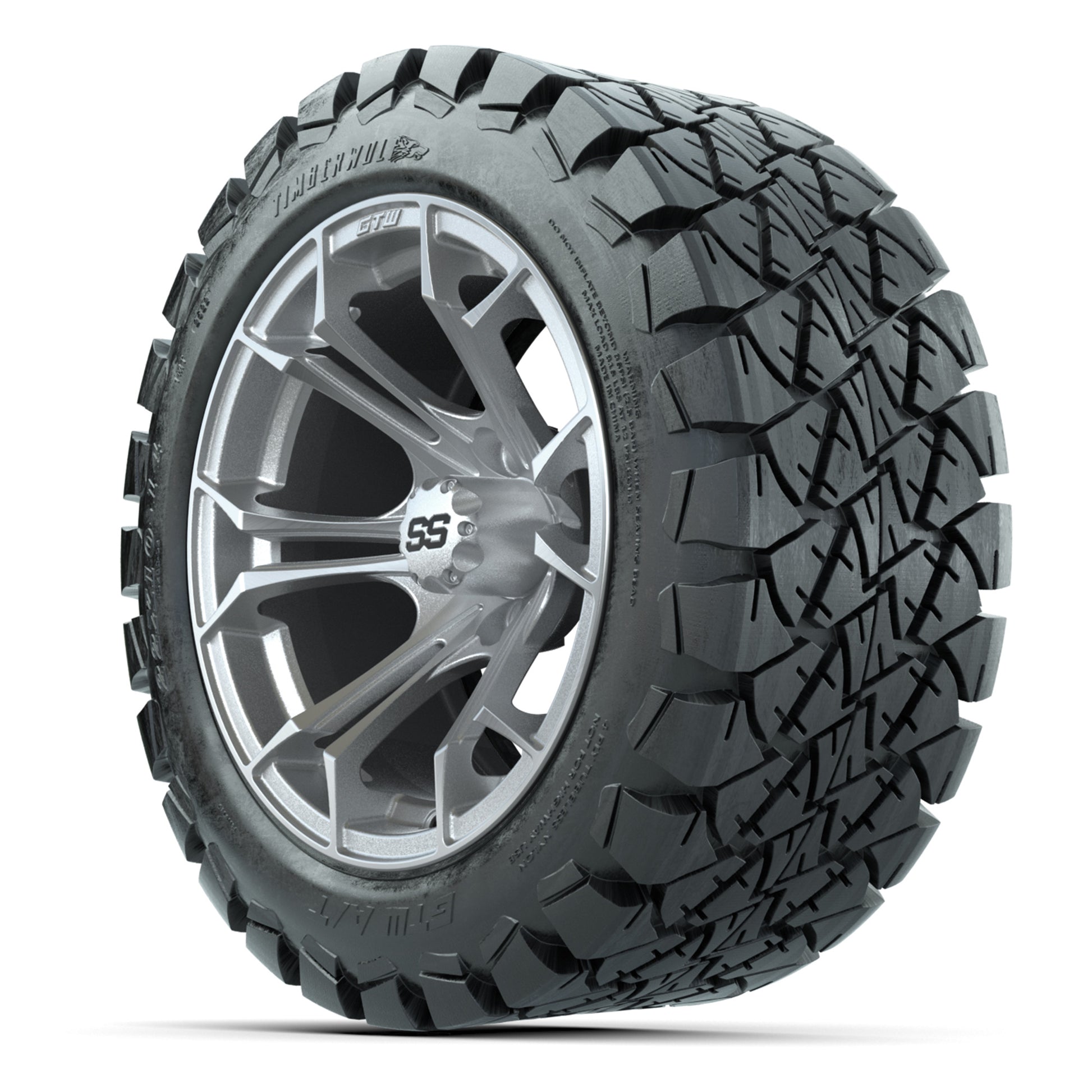 GTW Spyder Silver Brush 14 in Wheels with 22X10-14 Timberwolf All-Terrain Tires – Full Set