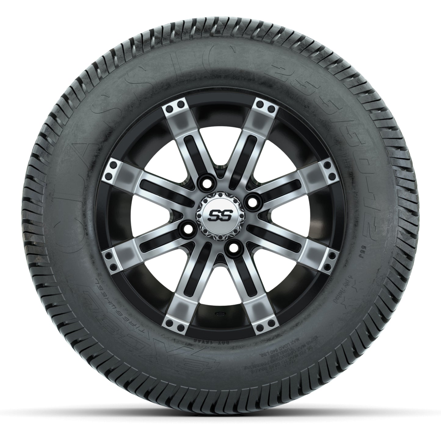 GTW® Tempest Black/Machined 12 in Wheels with 255/50-12 Excel Classic Street Tires – Full Set