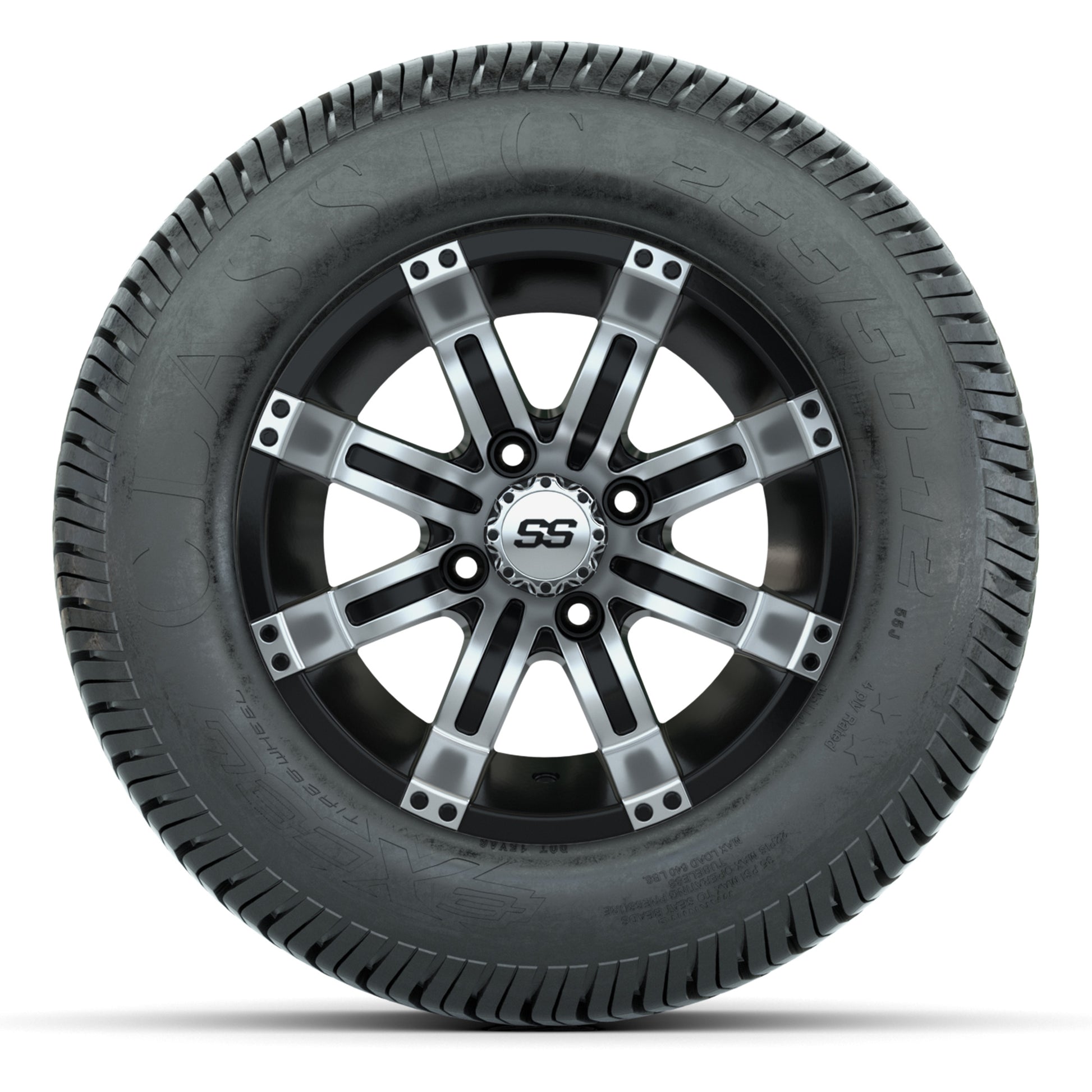 GTW® Tempest Black/Machined 12 in Wheels with 255/50-12 Excel Classic Street Tires – Full Set